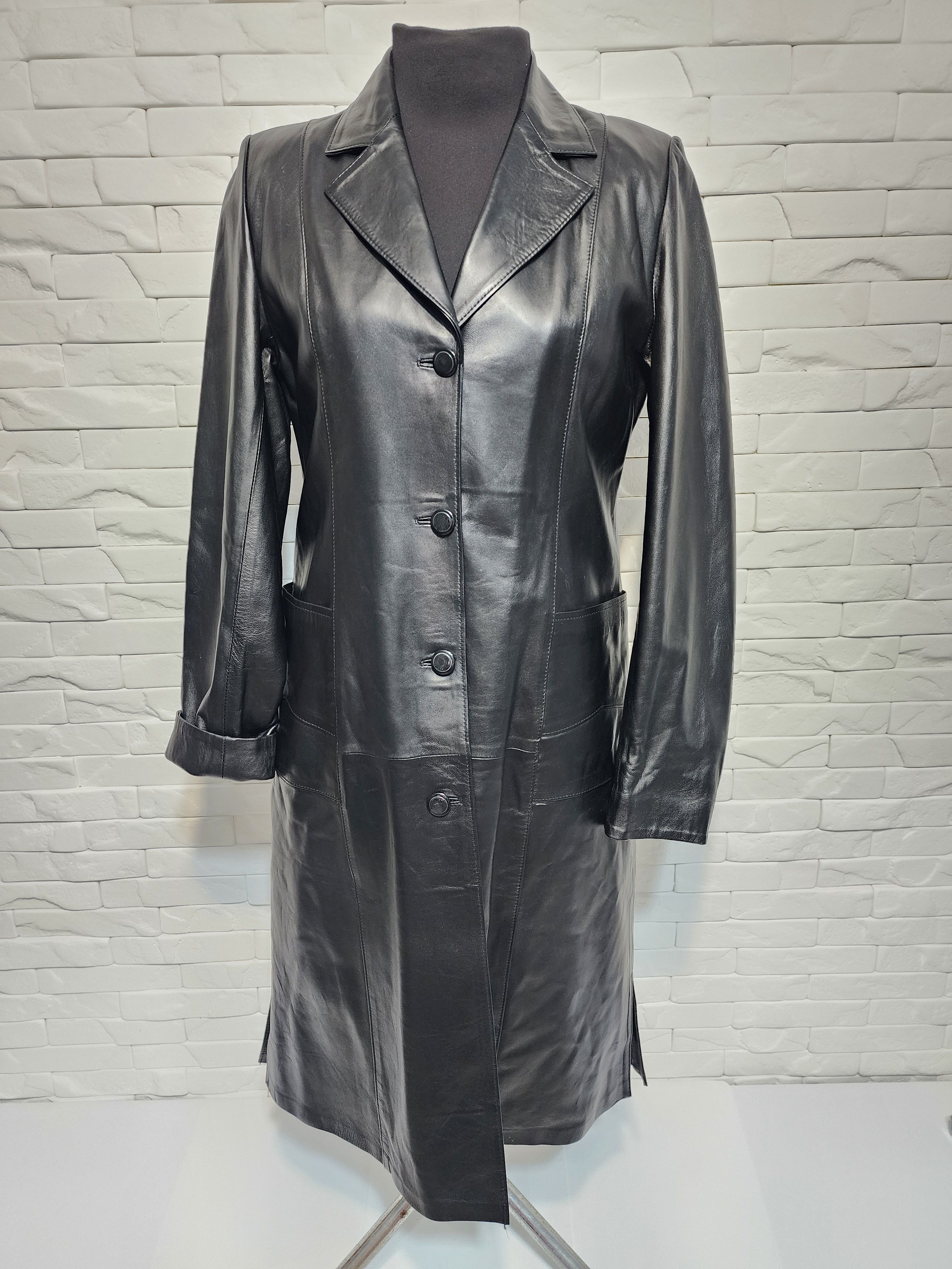 Women black leather raincoat.