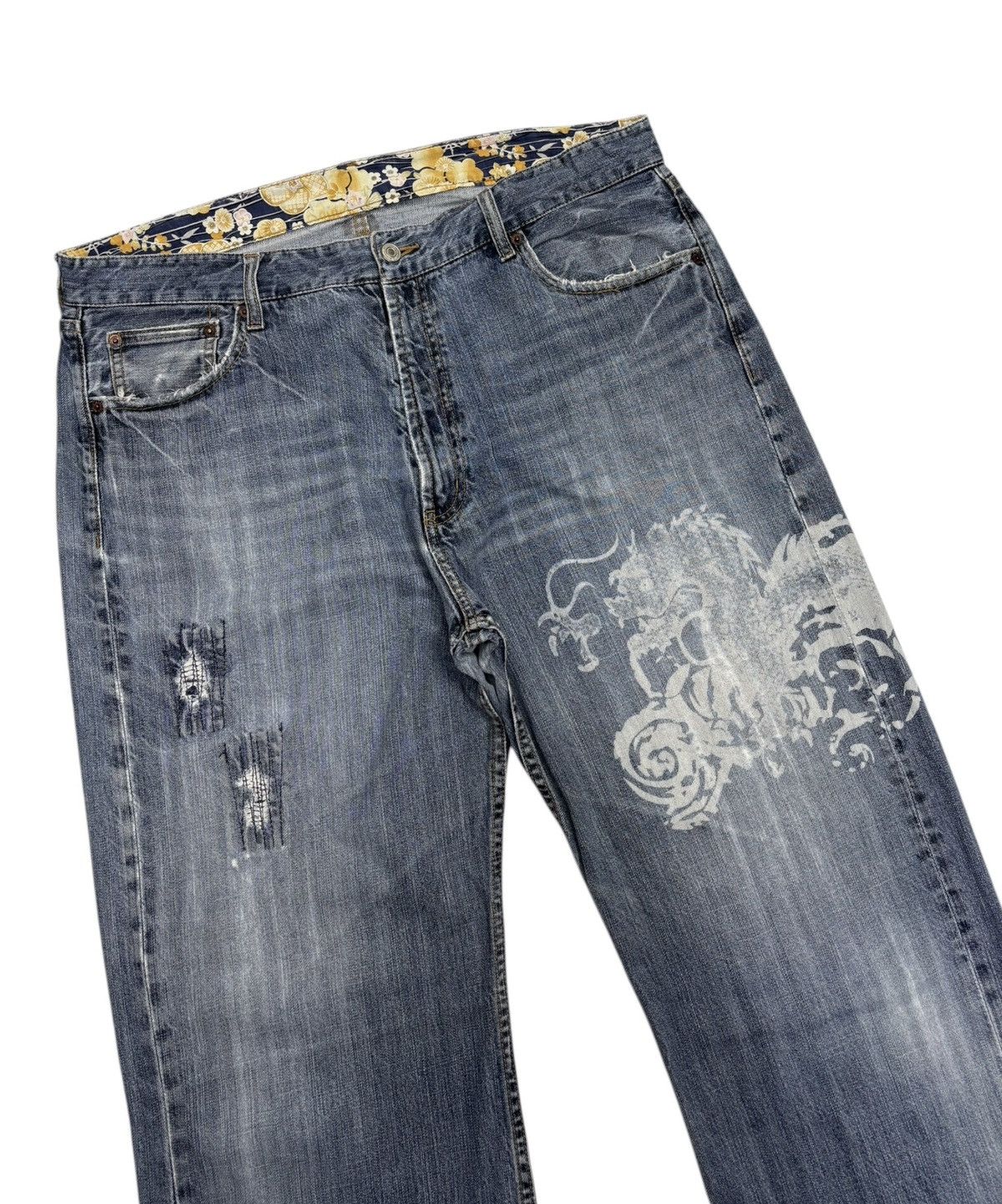 If Six Was Nine Vintage Japanese Karakuri Tamashii Style Dragon Baggy Jeans Size US 37 - 5 Thumbnail