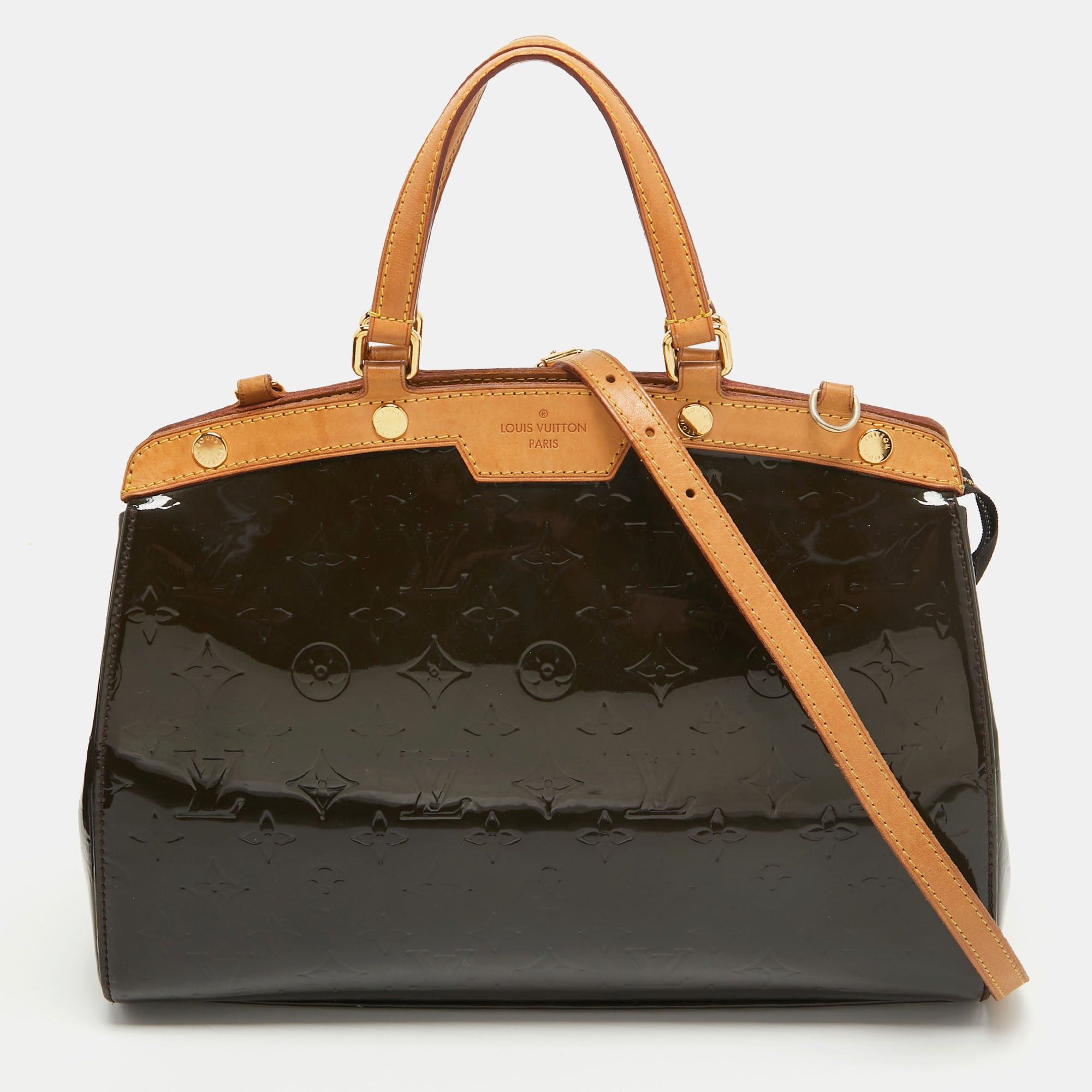 image of Louis Vuitton Vert Bronze Monogram Vernis Brea Mm Bag in Green, Women's