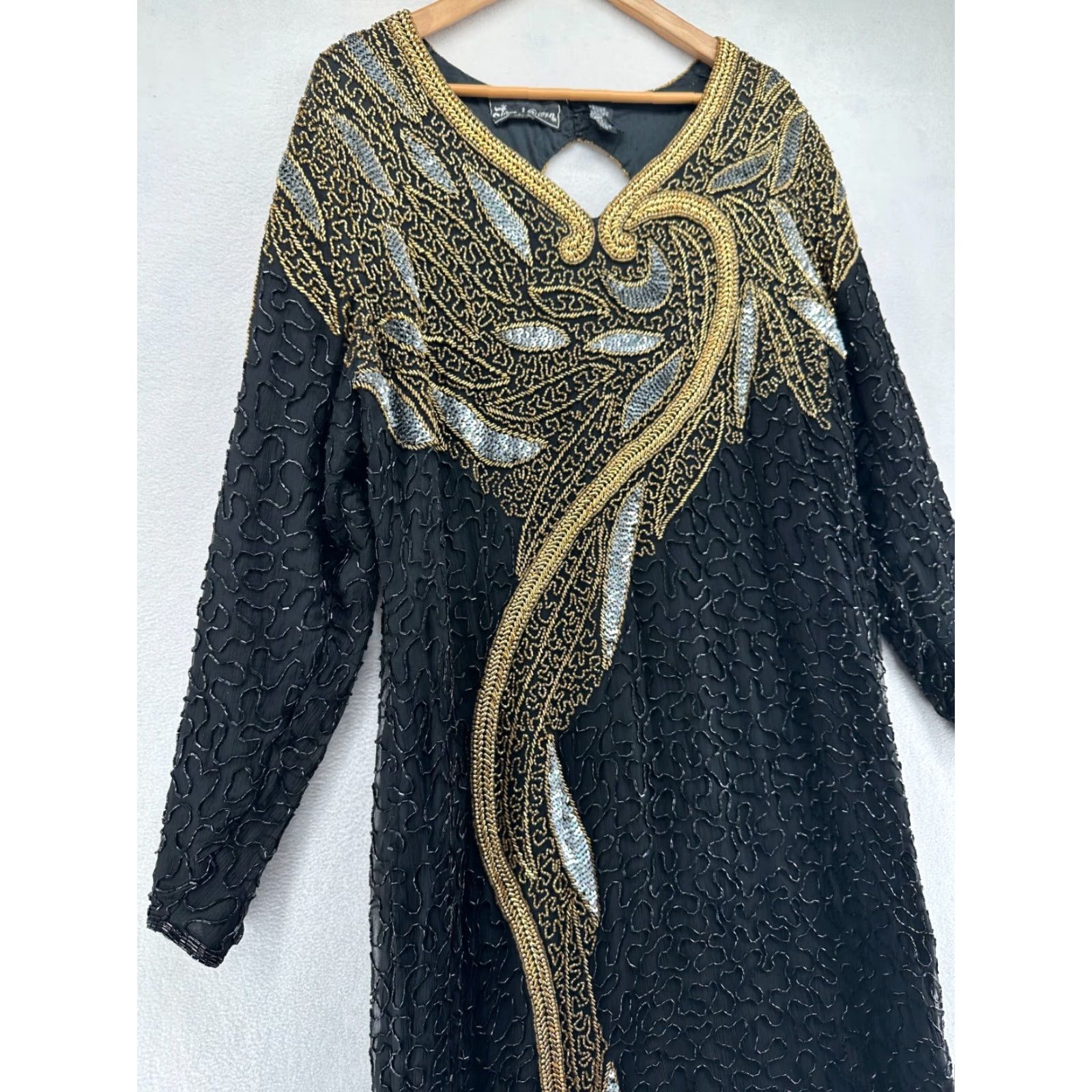 Vintage Jewel Queen Maxi Dress Black Women's Size 0 Silk Beaded Long Sleeve Evening Gown Size XS / US 0-2 / IT 36-38 - 6 Thumbnail