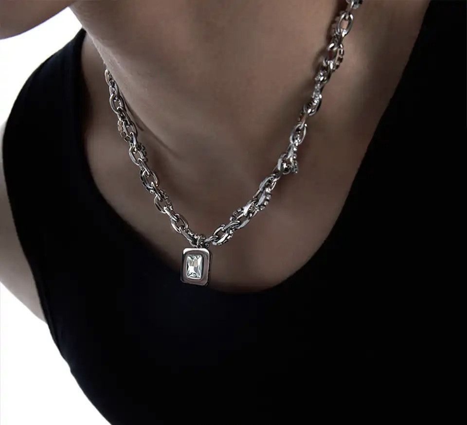 Jewelry × Vintage Hip Hop Square Zircon Necklace Titanium Steel Pendant Size ONE SIZE - 5 Thumbnail