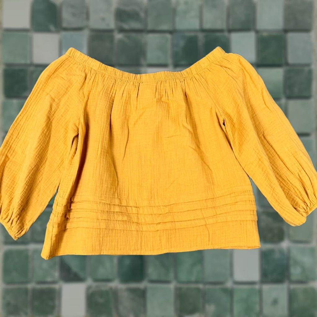 Vintage Roan + Ryan XS Blouse Off the Shoulder Cropped Balloon Sleeve Yellow Boho Pleated Gauze Women Top Size XS / US 0-2 / IT 36-38 - 1 Thumbnail