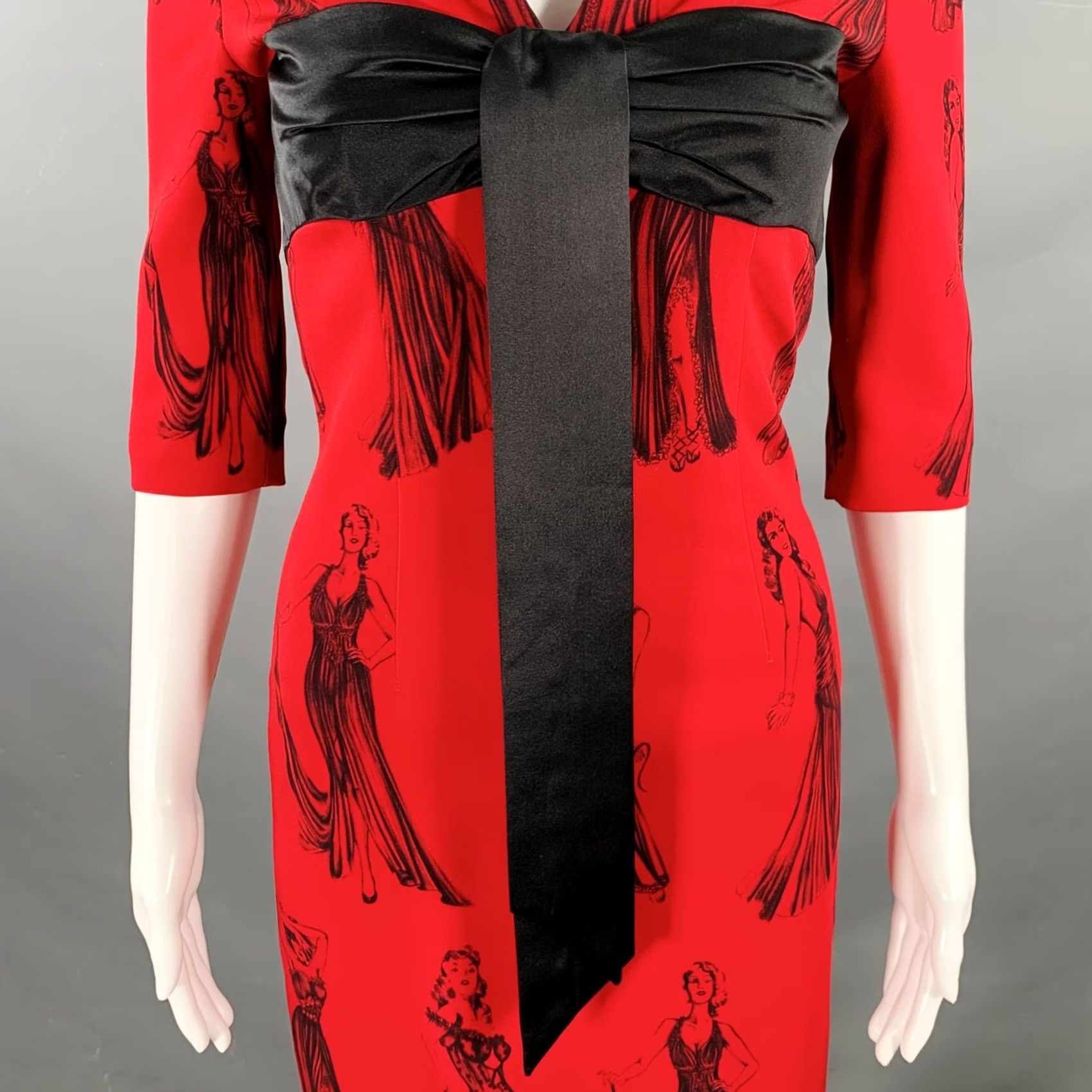 Moschino MOSCHINO Size 6 Red Black Viscose Blend Figures Bow Cocktail Dress Size M / US 6-8 / IT 42-44 - 2 Thumbnail