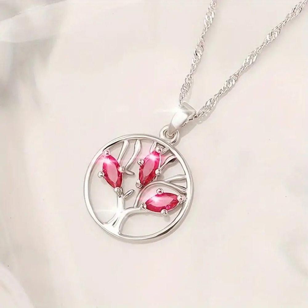 Designer Sterling Silver Pink Marquise Tree of Life Necklace Size ONE SIZE - 1 Thumbnail