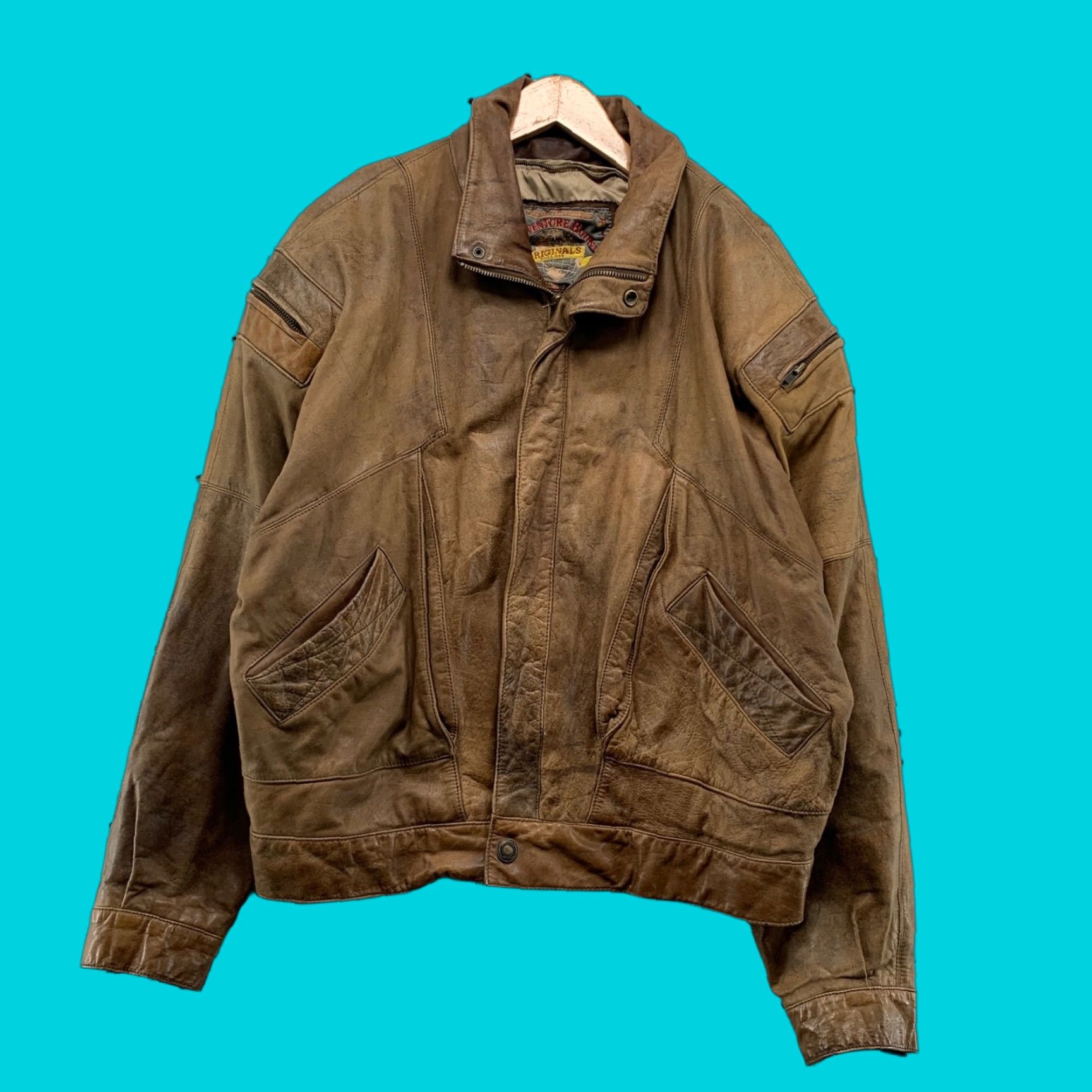 VINTAGE Adventure Bound Leather Bomber Jacket Mens Large Brown Distressed Army Flight Retro