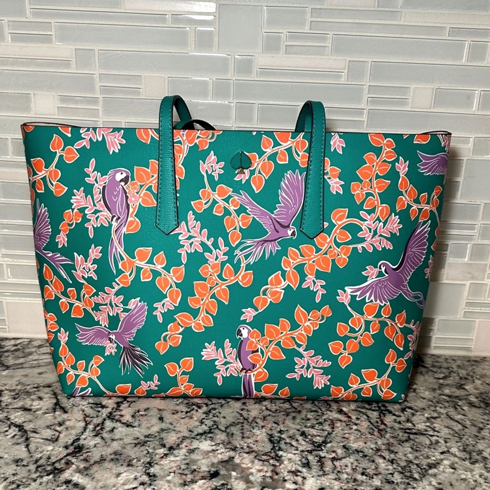 Vintage VINTAGE Kate Spade New York Molly Bird Party Large Tote w/ Matching Wallet Green Teal Orange Purple Pink Leather Tote Women Size ONE SIZE - 2 Thumbnail