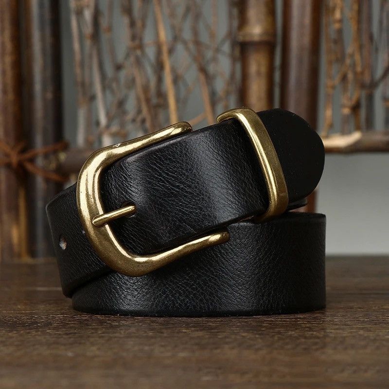 Leather × Vintage Cowhide Genuine Leather High Quality Jean Brass Buckle Belts Size ONE SIZE - 2 Thumbnail