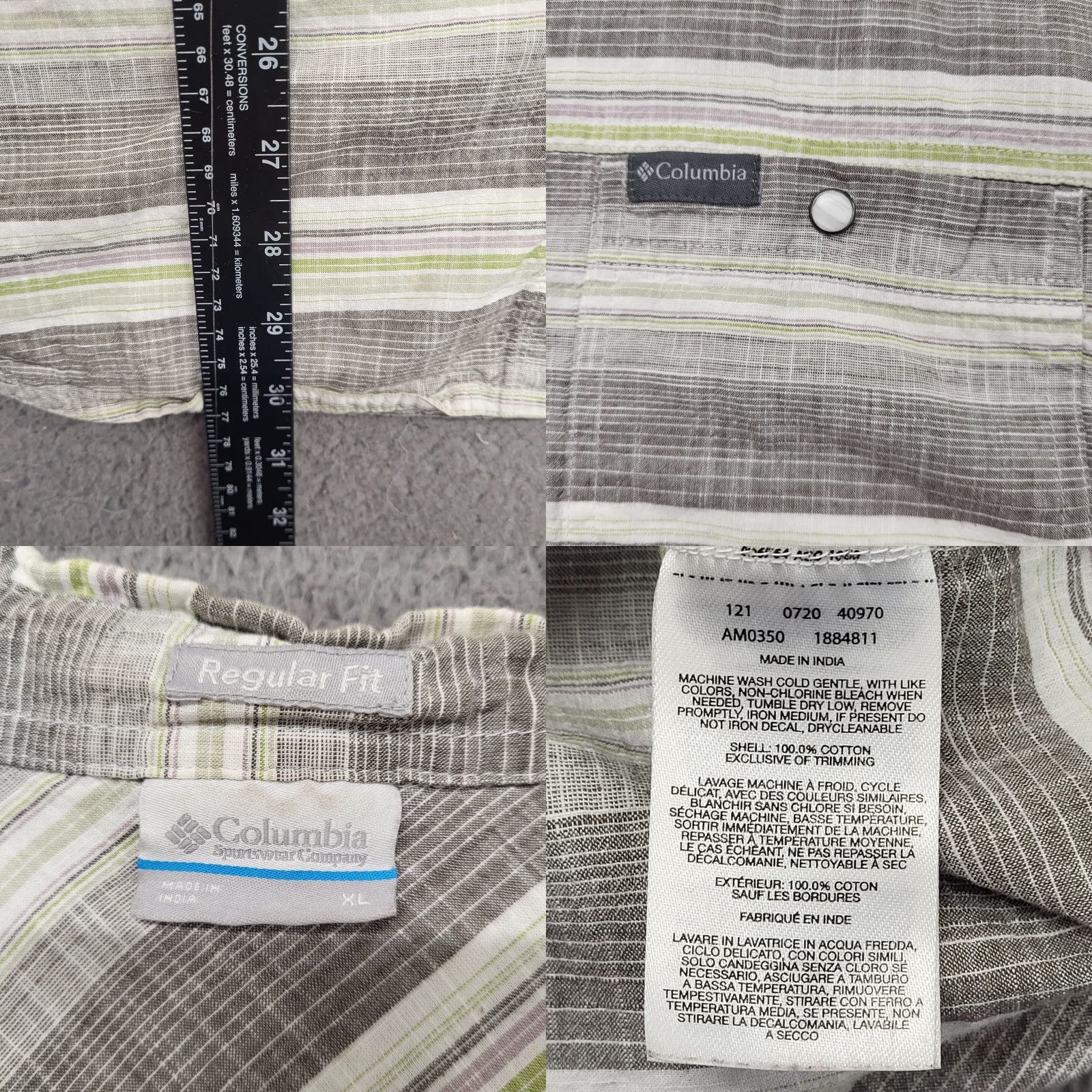 Vintage Columbia Shirt Men XL Gray/White/Lime Green Striped Cotton Button Down Shirt - Button-Up, Short Sleeve, Classic Outdoor Workwear Size US XL / EU 56 / 4 - 8 Thumbnail