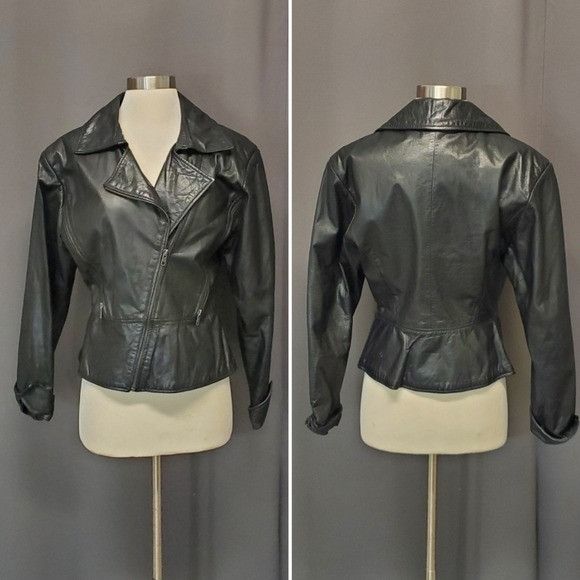 Vintage 90s y2k Avanti Black Leather Moto Cropped Jacket Sm