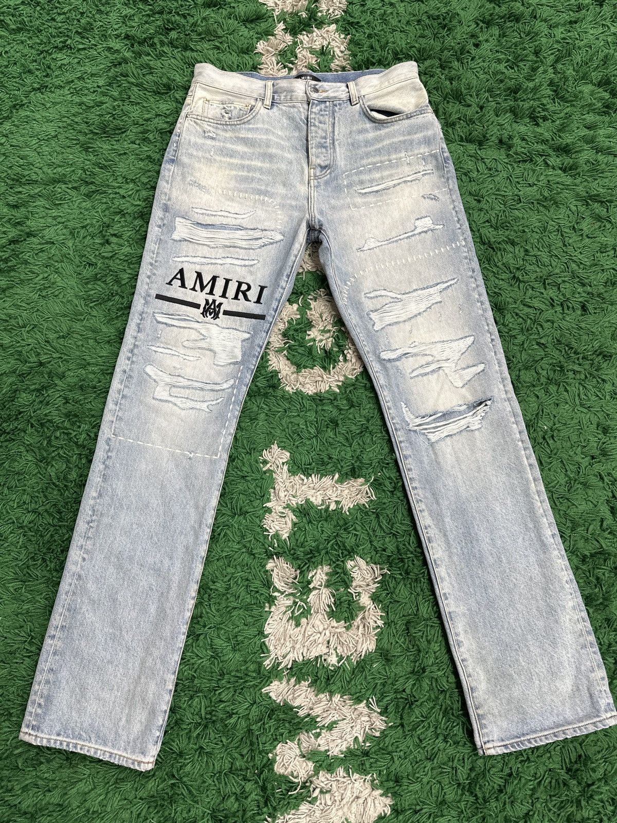 image of Amiri Blue Distressed Logo Blue Jeans, Men's (Size 30)