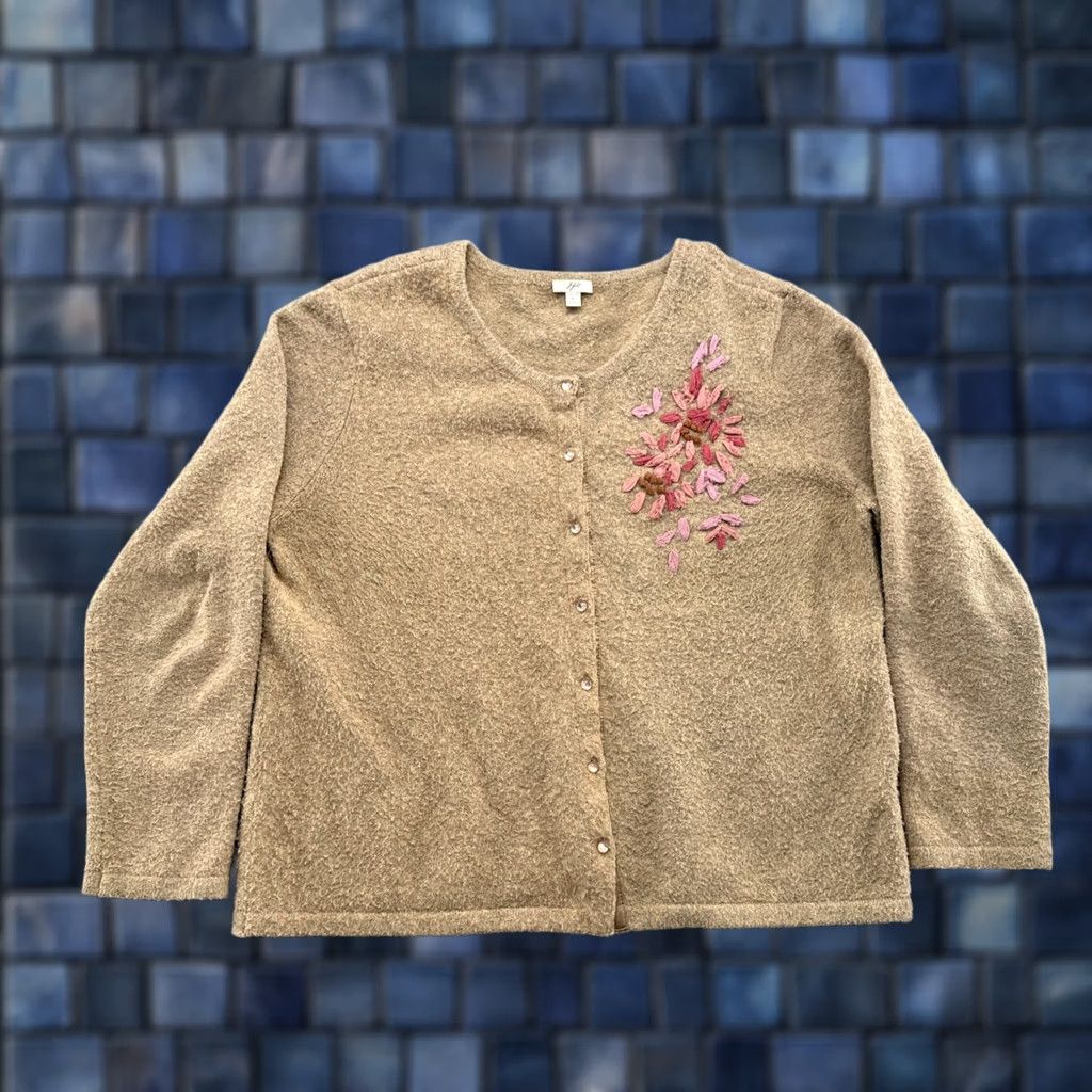J. Jill J Jill Floral Cardigan Sweater Wool Blend Size L Beige Cap Sleeve Button Up Knit Womens Regular Vintage: No Size L / US 10 / IT 46 - 1 Thumbnail