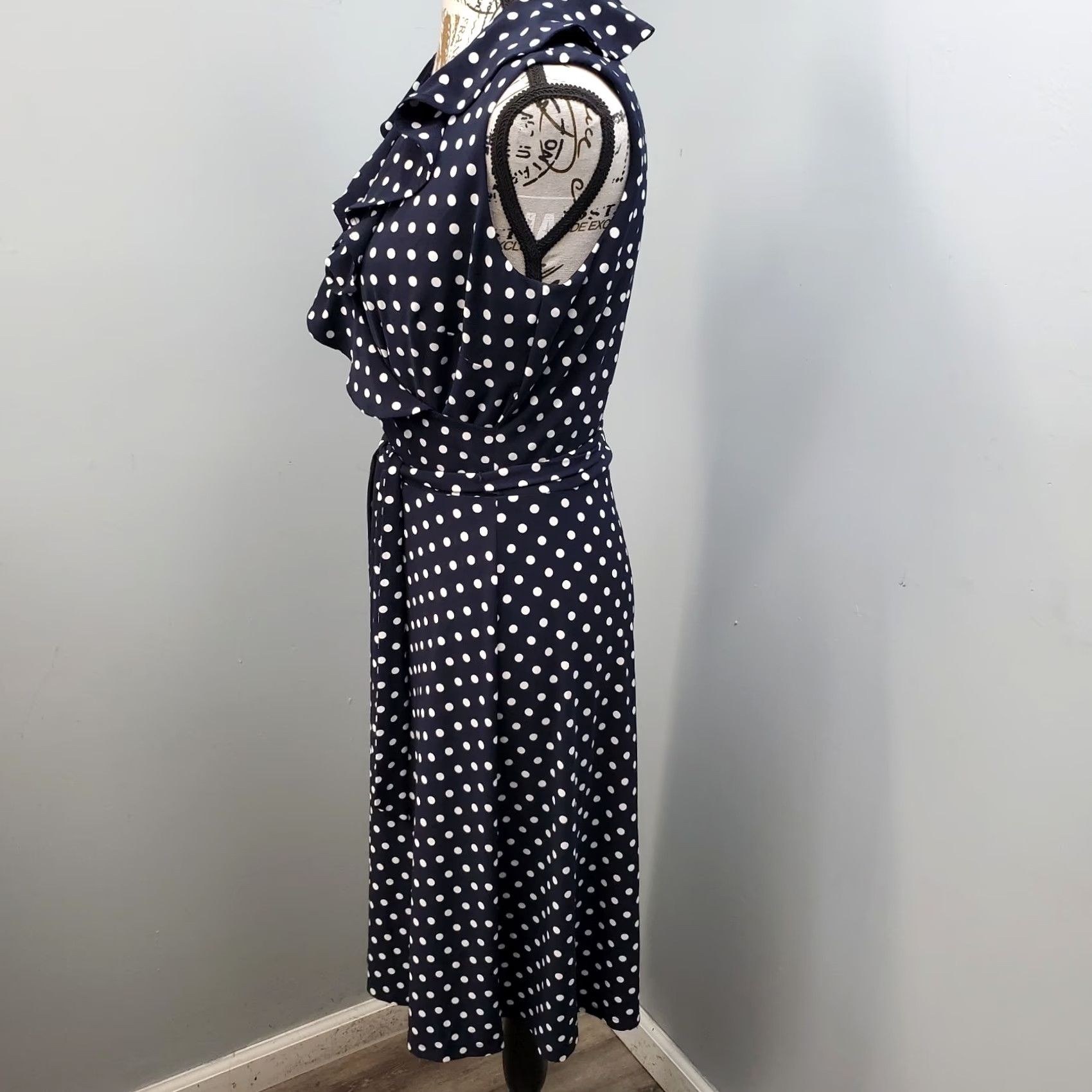 Chaps Chaps Womens Wrap Dress M Blue White Polka Dot Belted Ruffled V-Neck Sleeveless Size M / US 6-8 / IT 42-44 - 7 Thumbnail