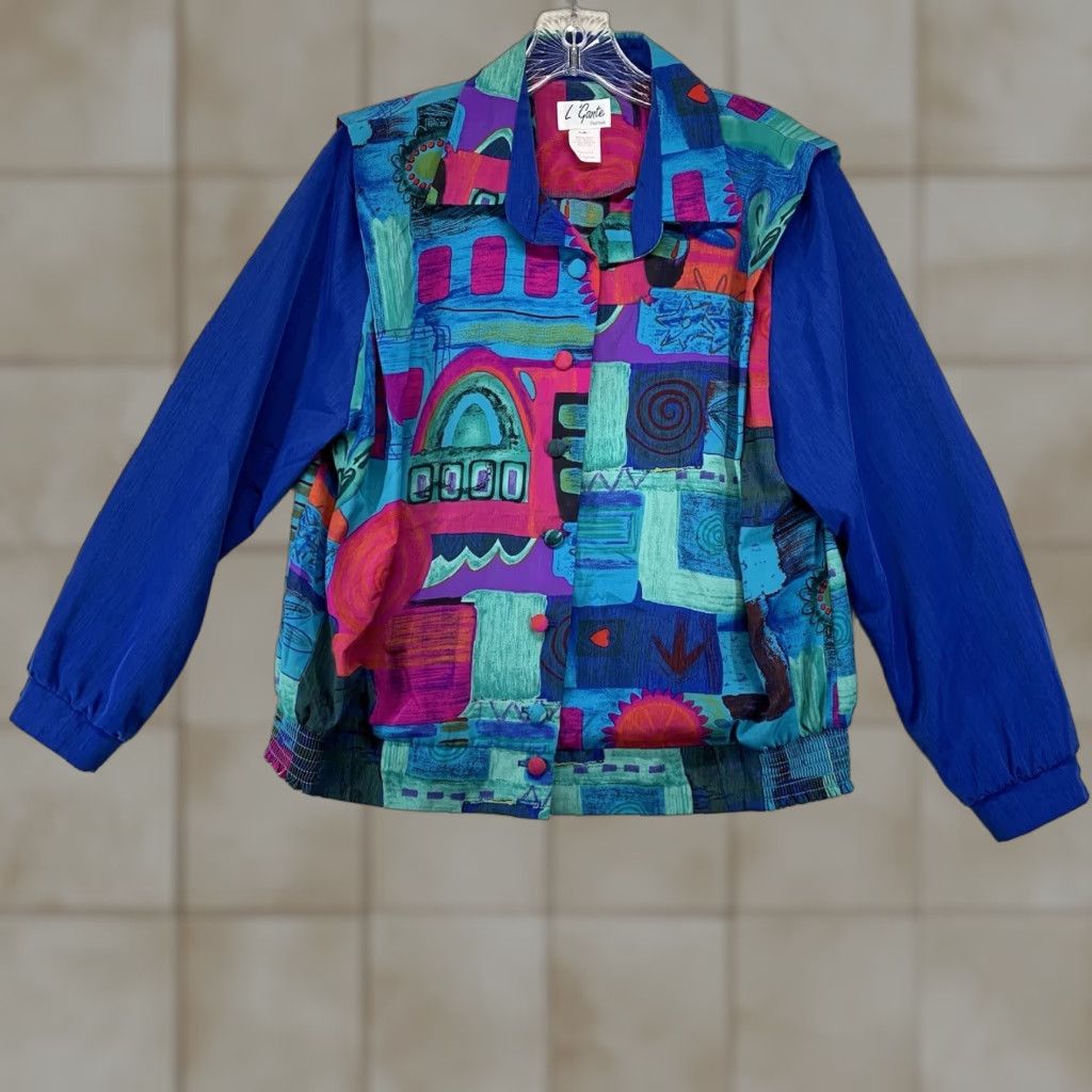 Vintage VINTAGE L ‘Gante PETITES Vibrant Hearts Stars Print Long Sleeve Button-Up 80s Polyester Shirt Size 12P Blues Women Size XL / US 12-14 / IT 48-50 - 1 Thumbnail