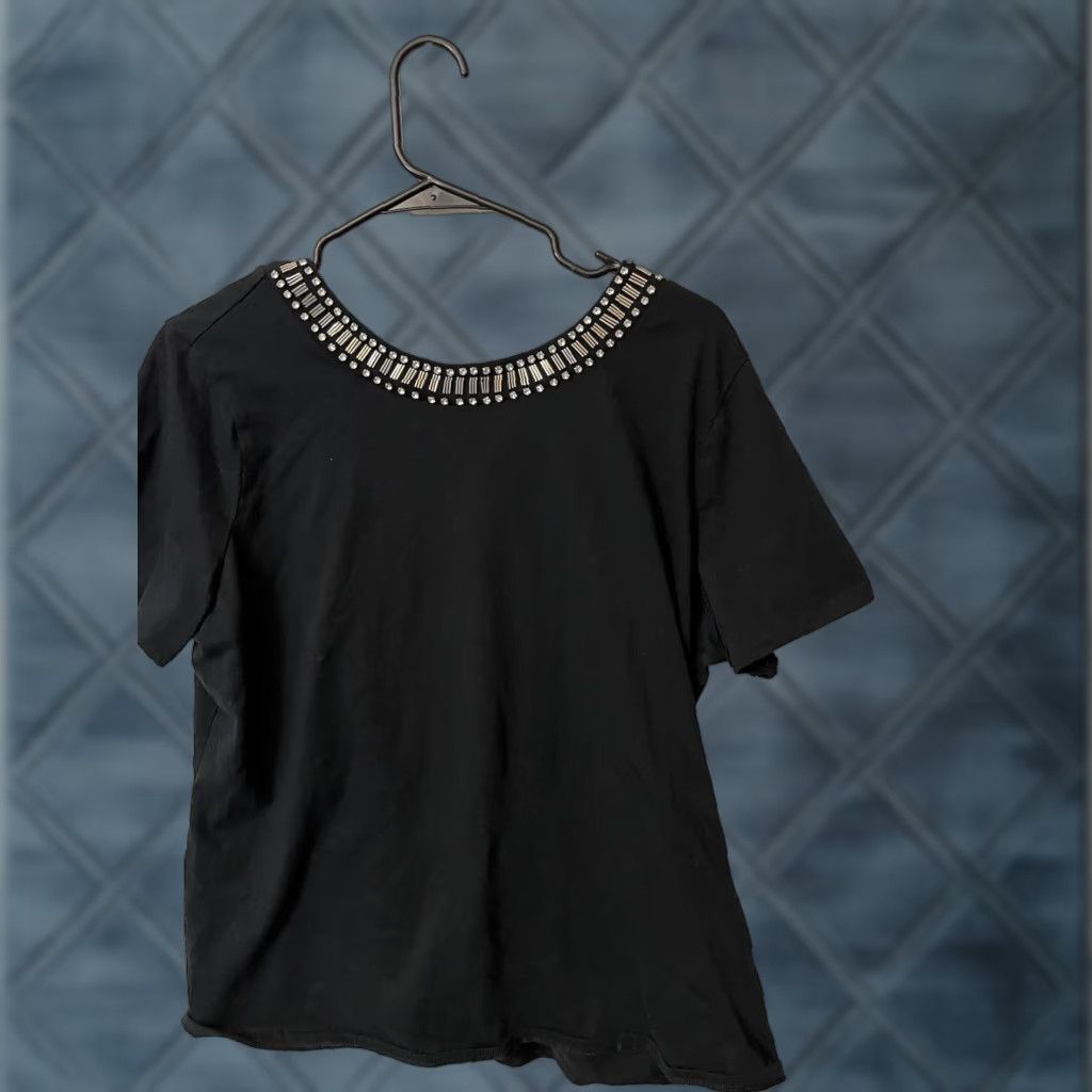Vintage SIMPLY VERA VERA WANG Black Jeweled Neck Short Sleeve Blouse XL Womens Size XL / US 12-14 / IT 48-50 - 1 Thumbnail