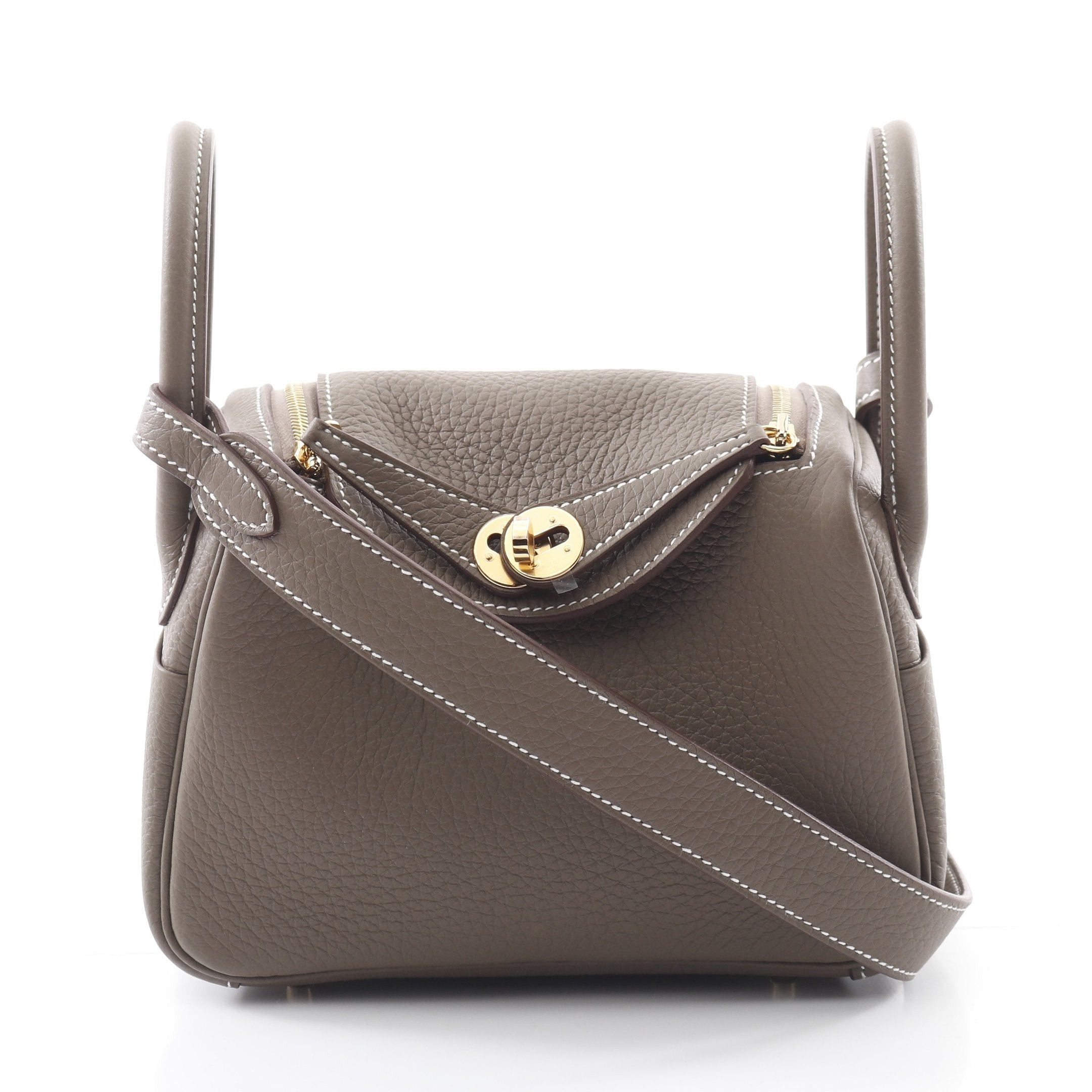 Hermes Hermes Lindy Mini Etoupe Shoulder Bag Clemence Leather Gray Beige Gold Hardware Double Engraved Size ONE SIZE - 1 Thumbnail
