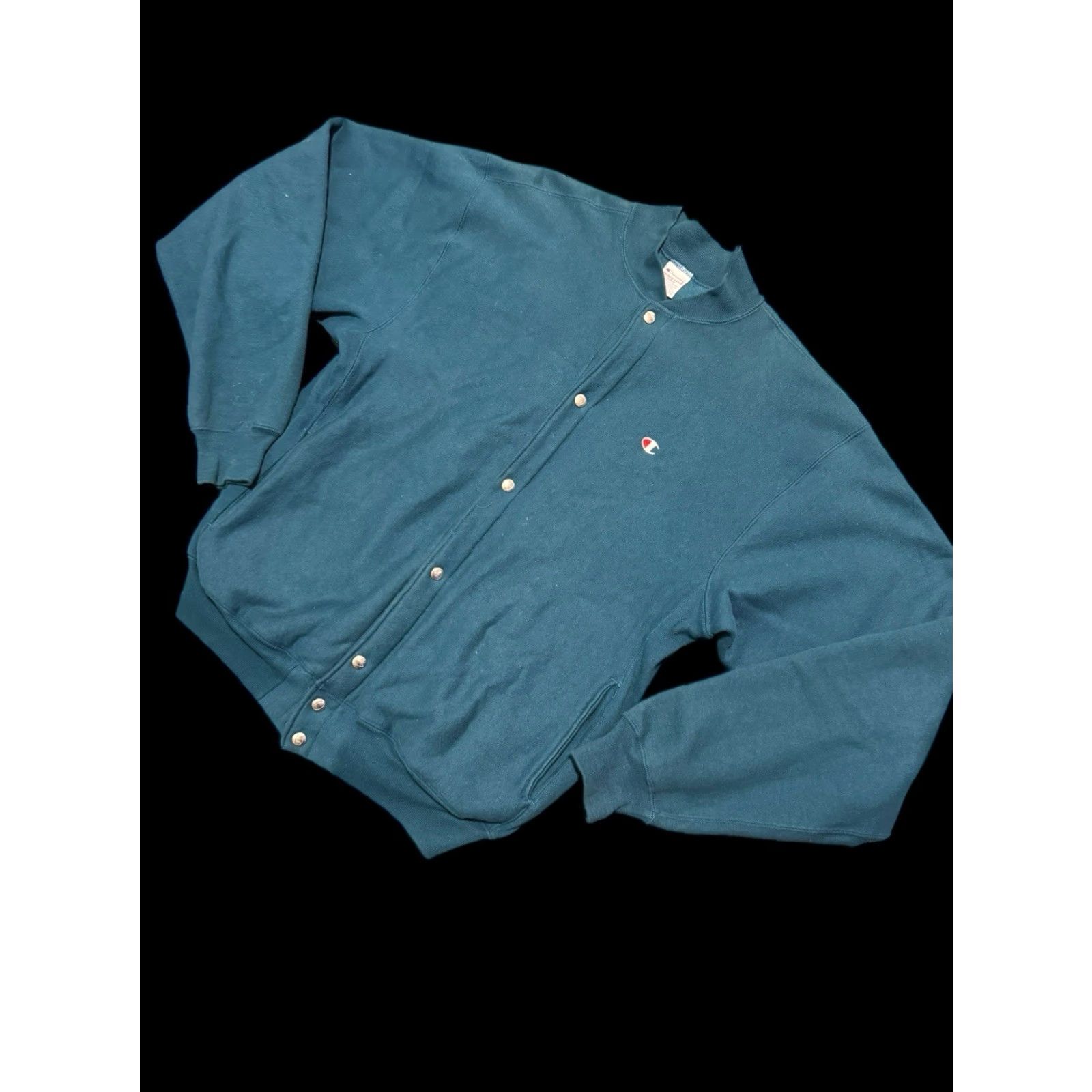 Champion VINTAGE Champion Reverse Weave Snap Front Cardigan Warm Up Jacket L/XL Teal 90s Mens Cardigan Snap Front Reversible Warm Up Jacket Size US L / EU 52-54 / 3 - 5 Thumbnail