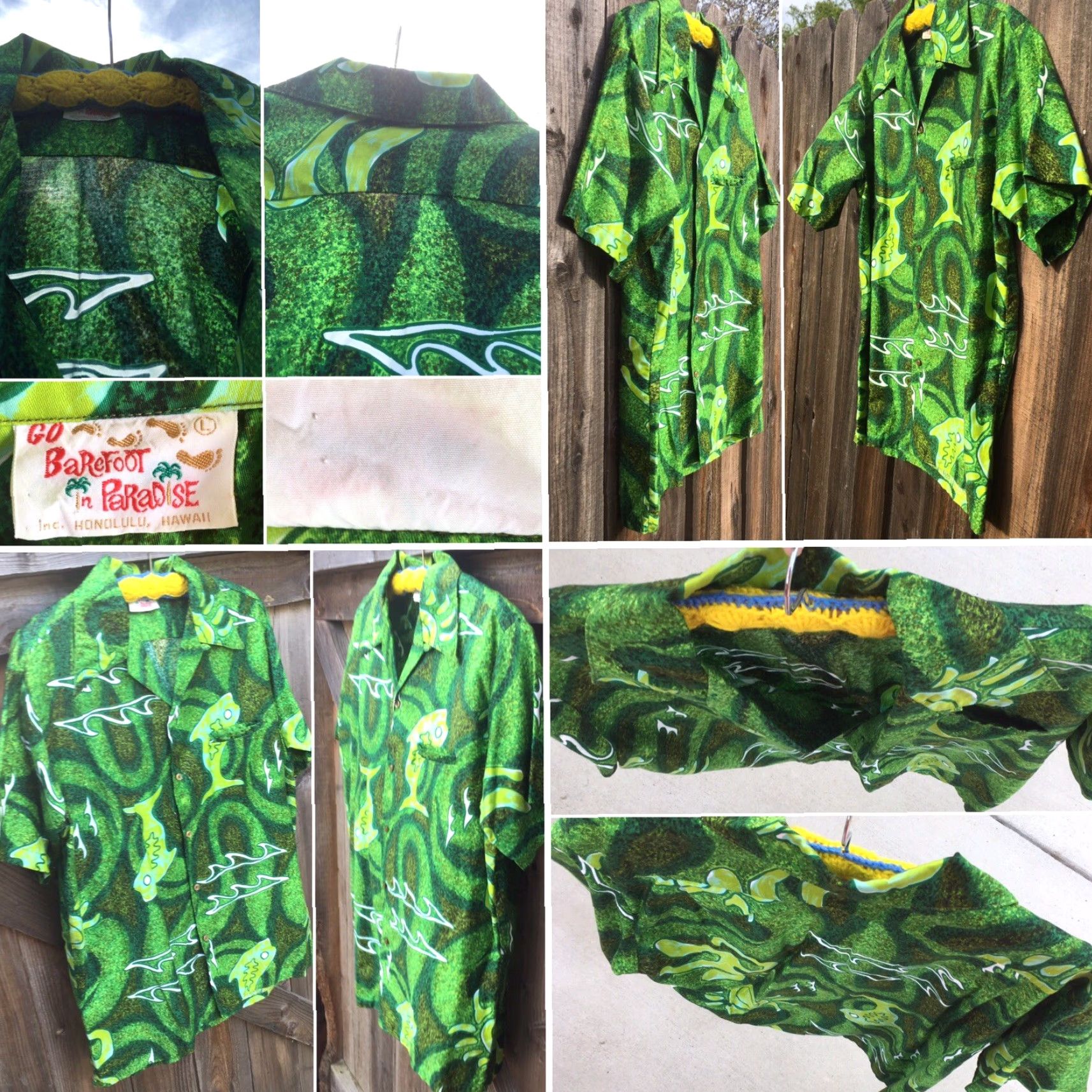 Vivobarefoot Vintage Go Barefoot Honolulu Hawaiian Shirt Hawaii Tiki Aloha Fish L Green Short Sleeve Casual Sportswear/Beach Mens L Size US L / EU 52-54 / 3 - 6 Thumbnail