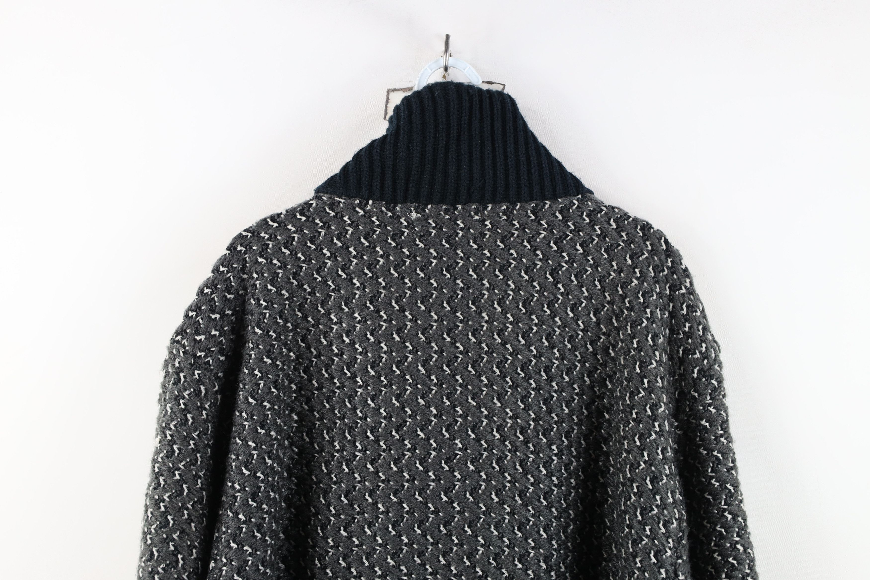 Vintage Vintage 90s Streetwear Knit Leather Trim Shawl Sweater Gray Size US M / EU 48-50 / 2 - 11 Thumbnail