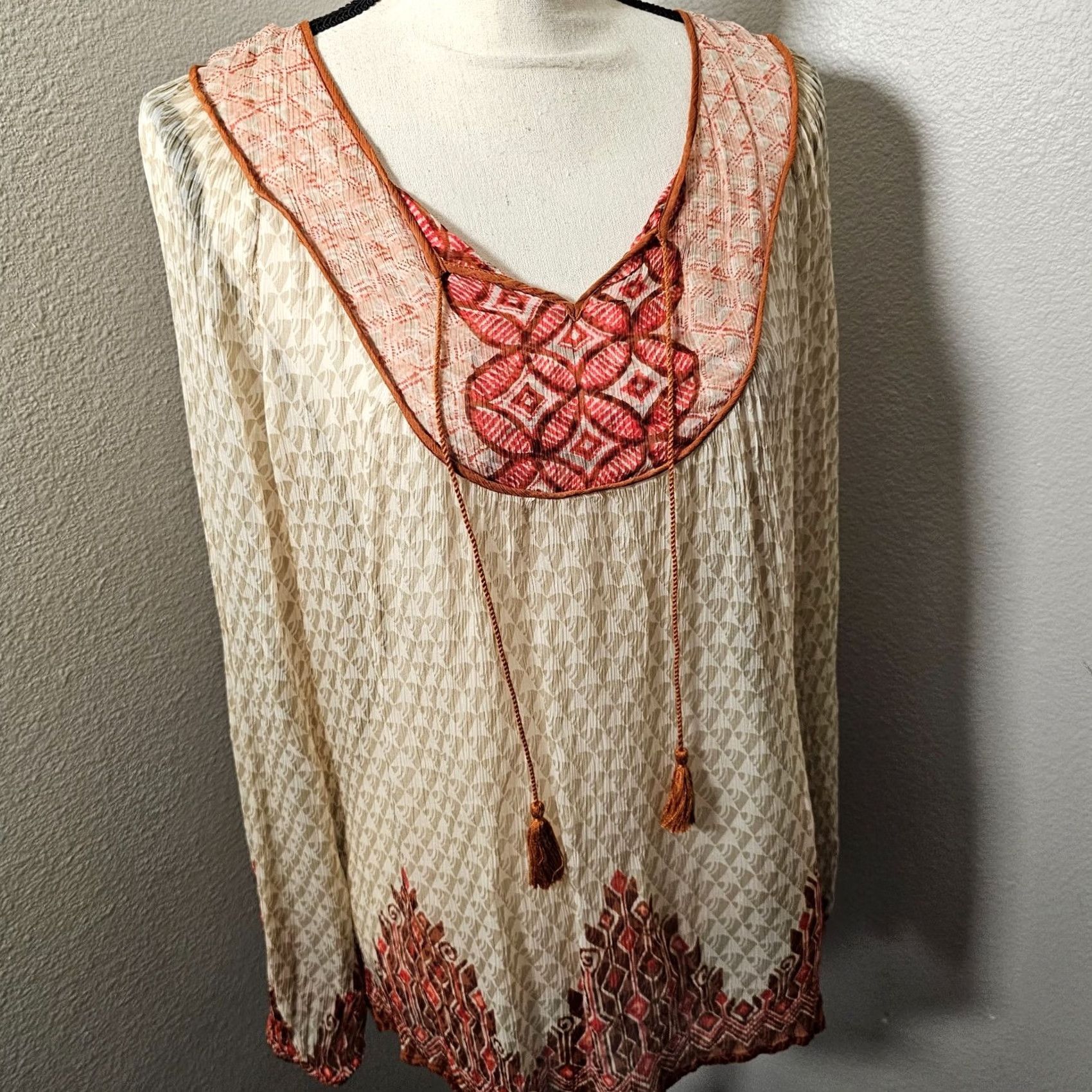 Lucky Brand Lucky Brand Top Shirt Regular Womens L Brown Red Paisley Long Sleeve Sheer Booth Blouse Size L / US 10 / IT 46 - 5 Thumbnail