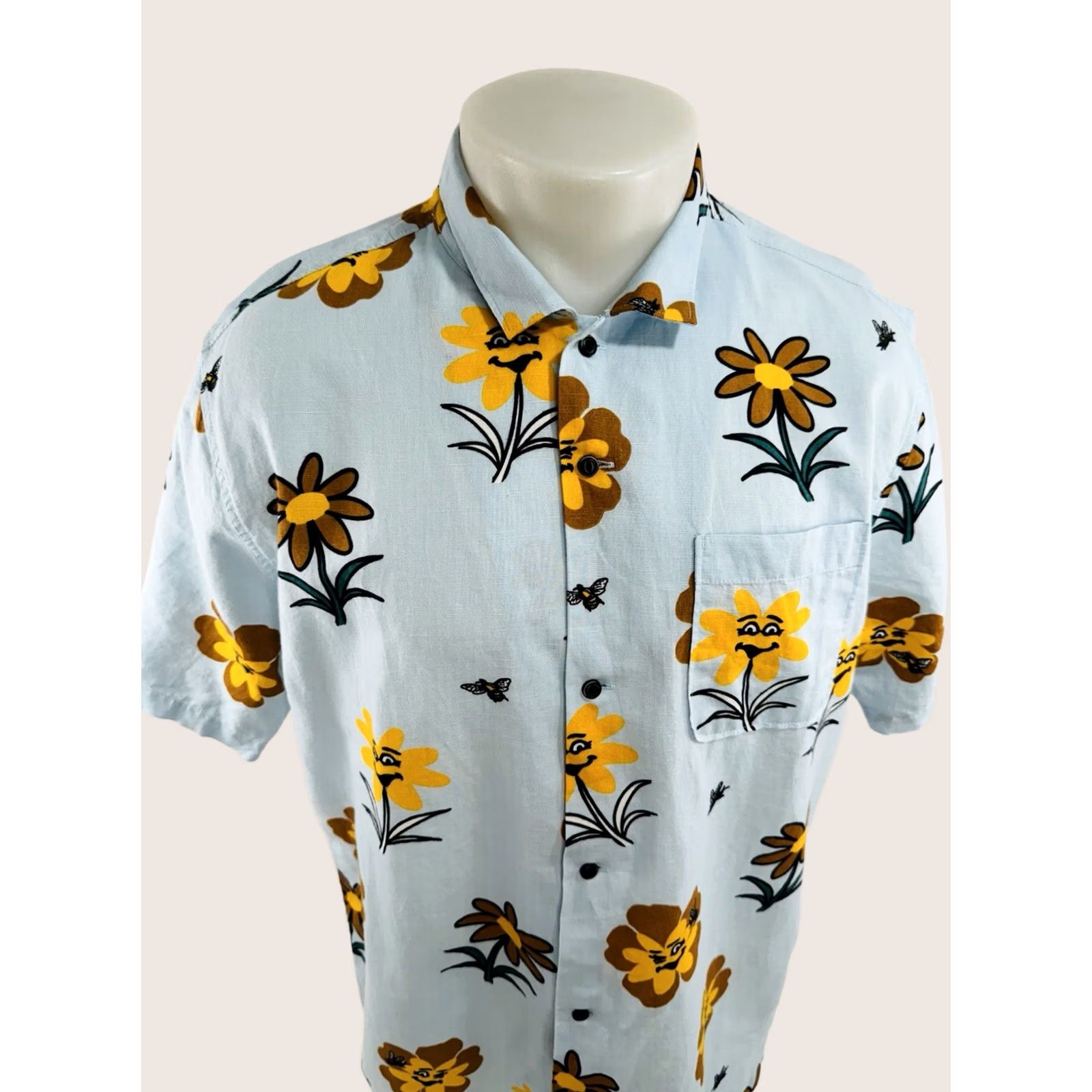 Roark ROARK LINEN Sunflower Bumble Bee Floral Print Mens L Shirt Button-Up Short Sleeve Blue N Size US L / EU 52-54 / 3 - 1 Thumbnail