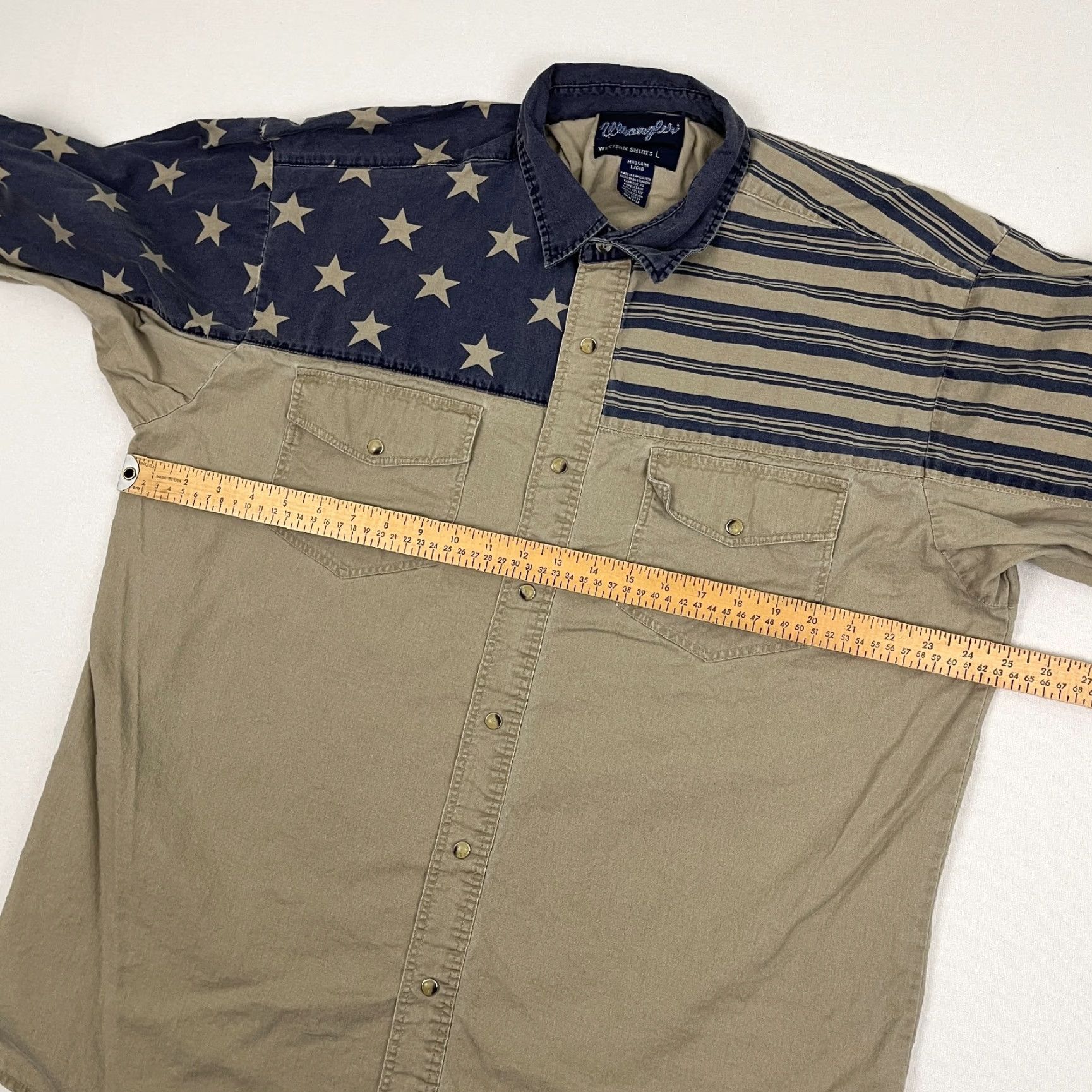 Wrangler VINTAGE Wrangler Shirt Mens L / XL Brown Blue Pearl Snap USA Flag Western Rockability Shirt Size US L / EU 52-54 / 3 - 4 Thumbnail