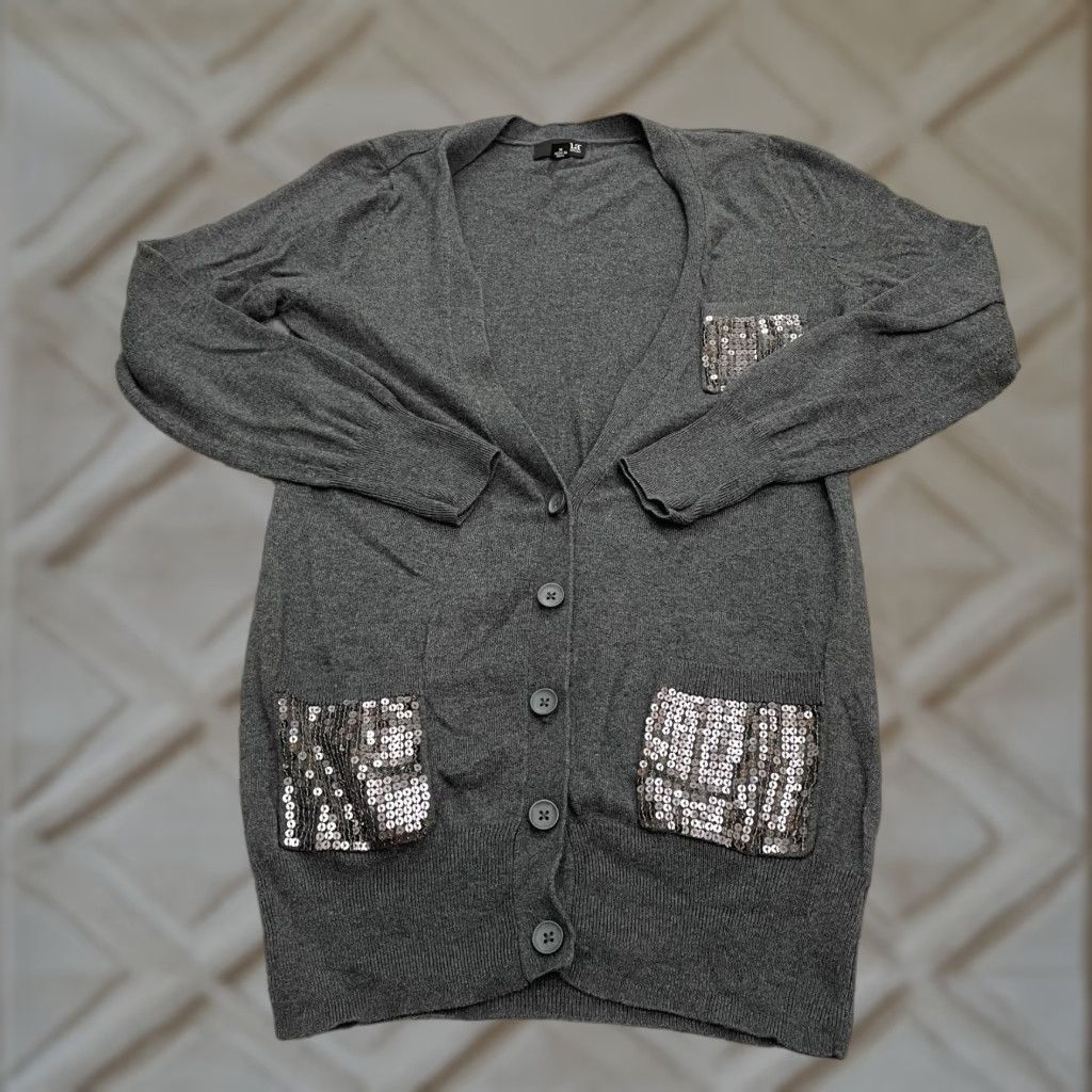 Vintage A New Approach Cardigan Women M Gray Knit Sequin Pocket Lightweight Breathable Cotton Modal Button Long Sleeve Designer Classic Womens Size M / US 6-8 / IT 42-44 - 1 Thumbnail