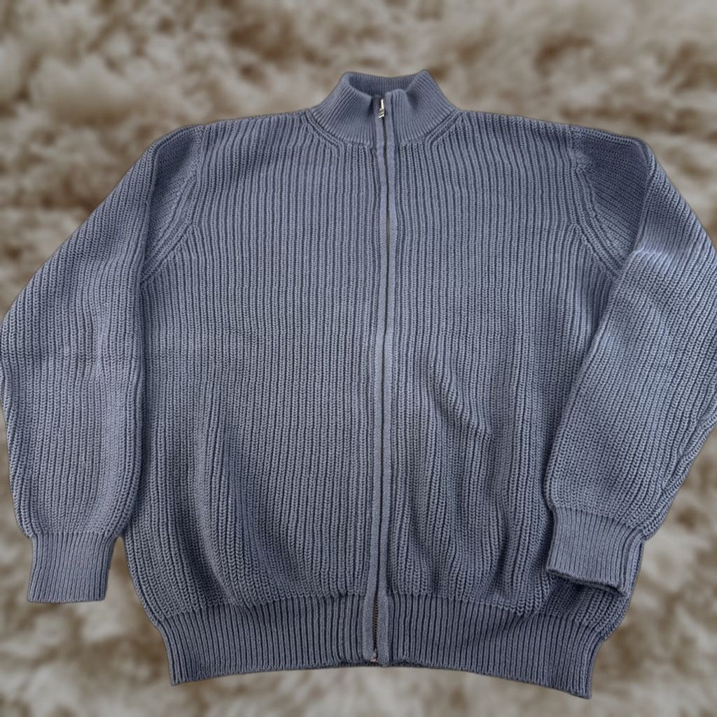 LL Bean Sweater Men XL Blue Full Zip Cable-Knit Mock Neck Cardigan 100% Cotton Casual Outdoor Mens