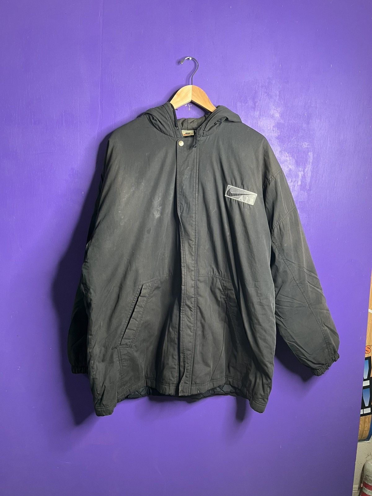 Nike × Vintage Vintage 90s Nike big back swoosh puffer trench Size US XL / EU 56 / 4 - 1 Thumbnail