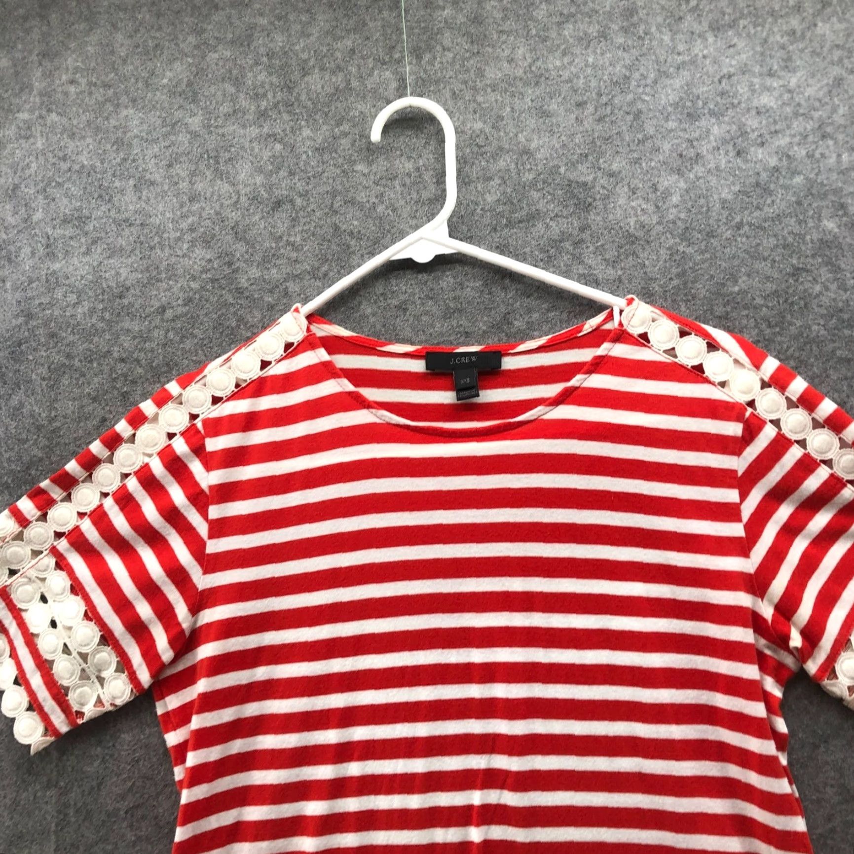 J.Crew VINTAGE J. Crew Crochet T Shirt Womens XXS Red White Striped Crewneck Scallop Hem Size XXS / US 00 / IT 34 - 3 Thumbnail