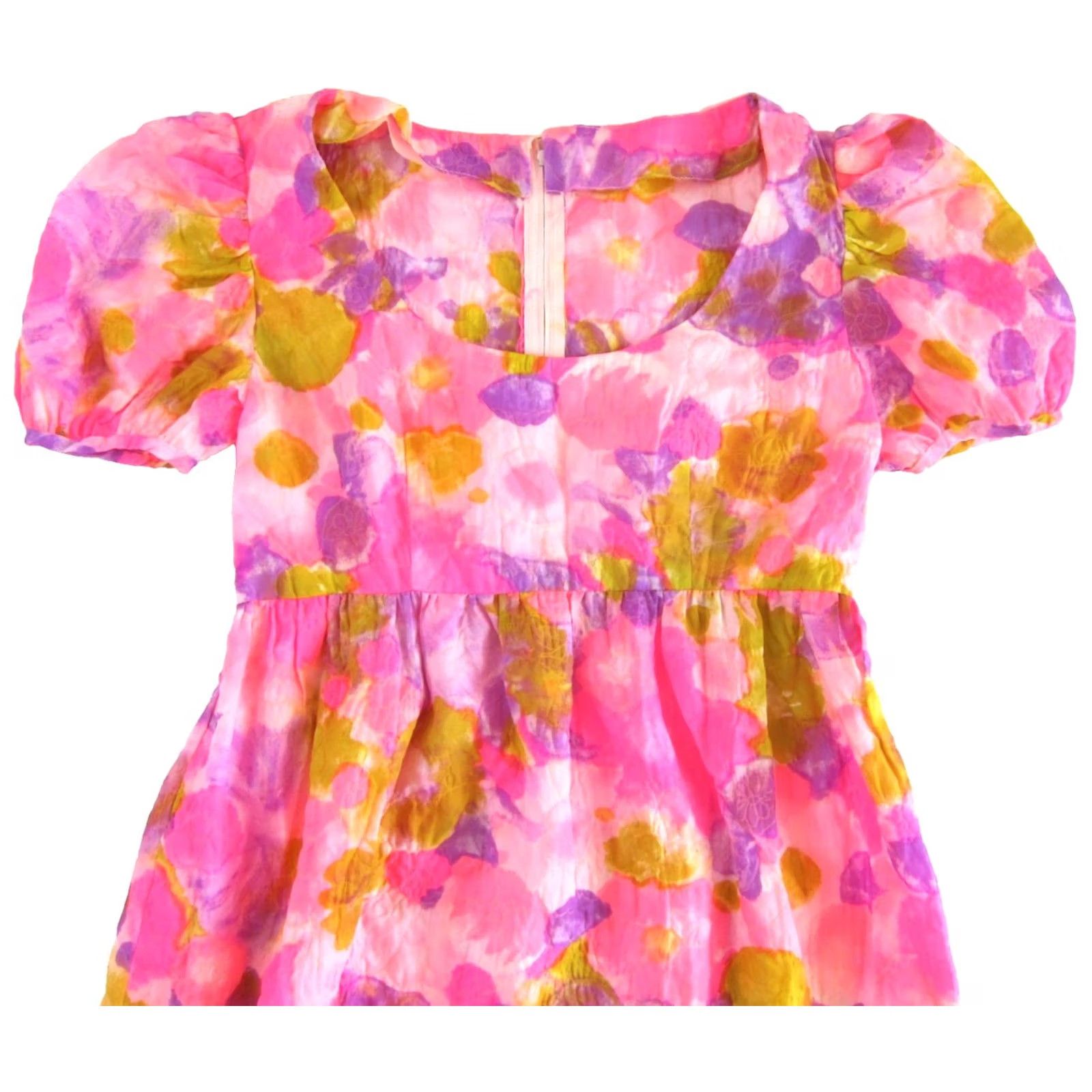 Vintage VINTAGE Handmade Neon Pink Purple Floral Short Sleeve Empire Waist Dress XS Tall Size 26" / US 2 / IT 38 - 3 Thumbnail