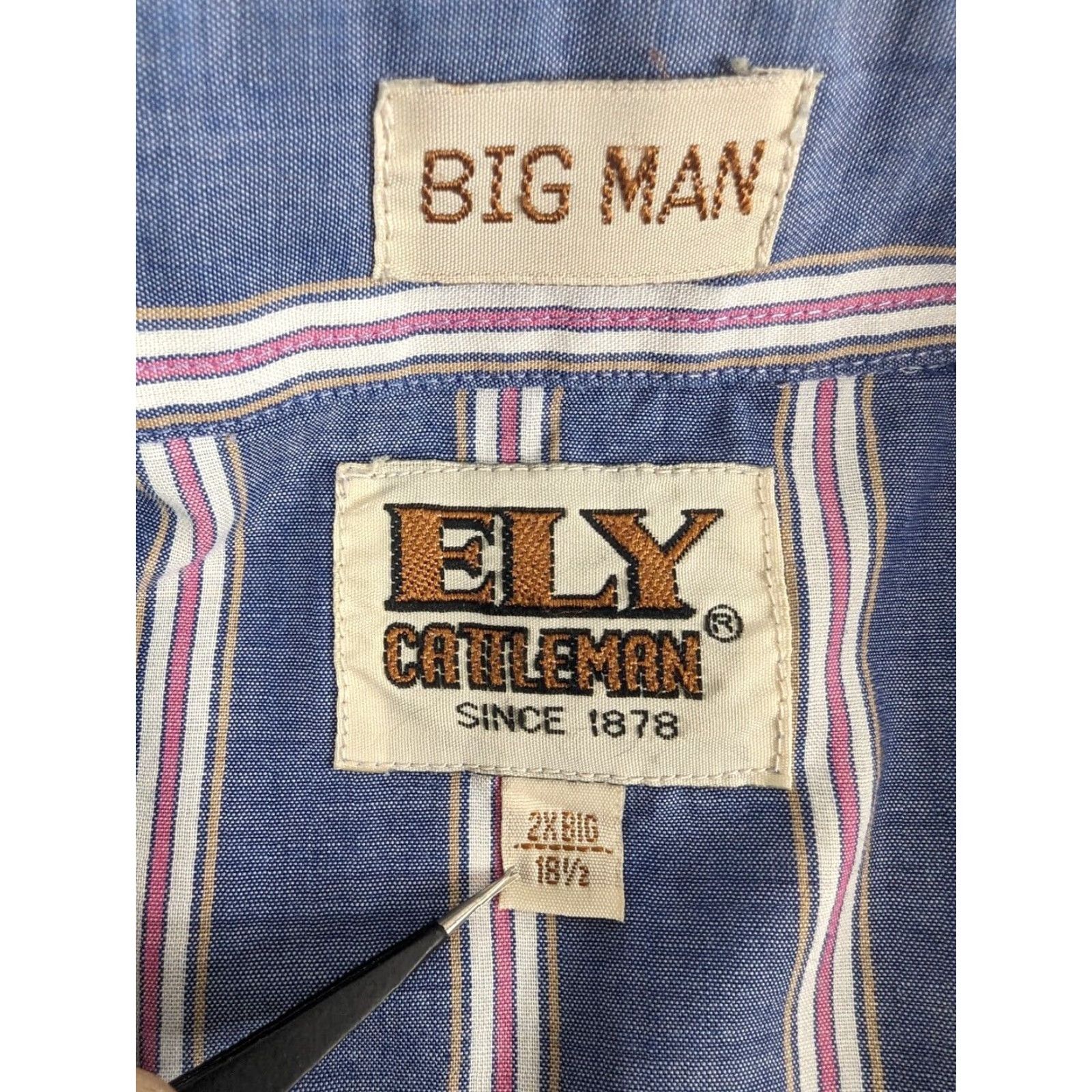 Vintage Ely Cattleman Shirt Adult Big 2X Blue Striped Short Sleeve Pearl Snap Cowboy Size US XXL / EU 58 / 5 - 7 Thumbnail