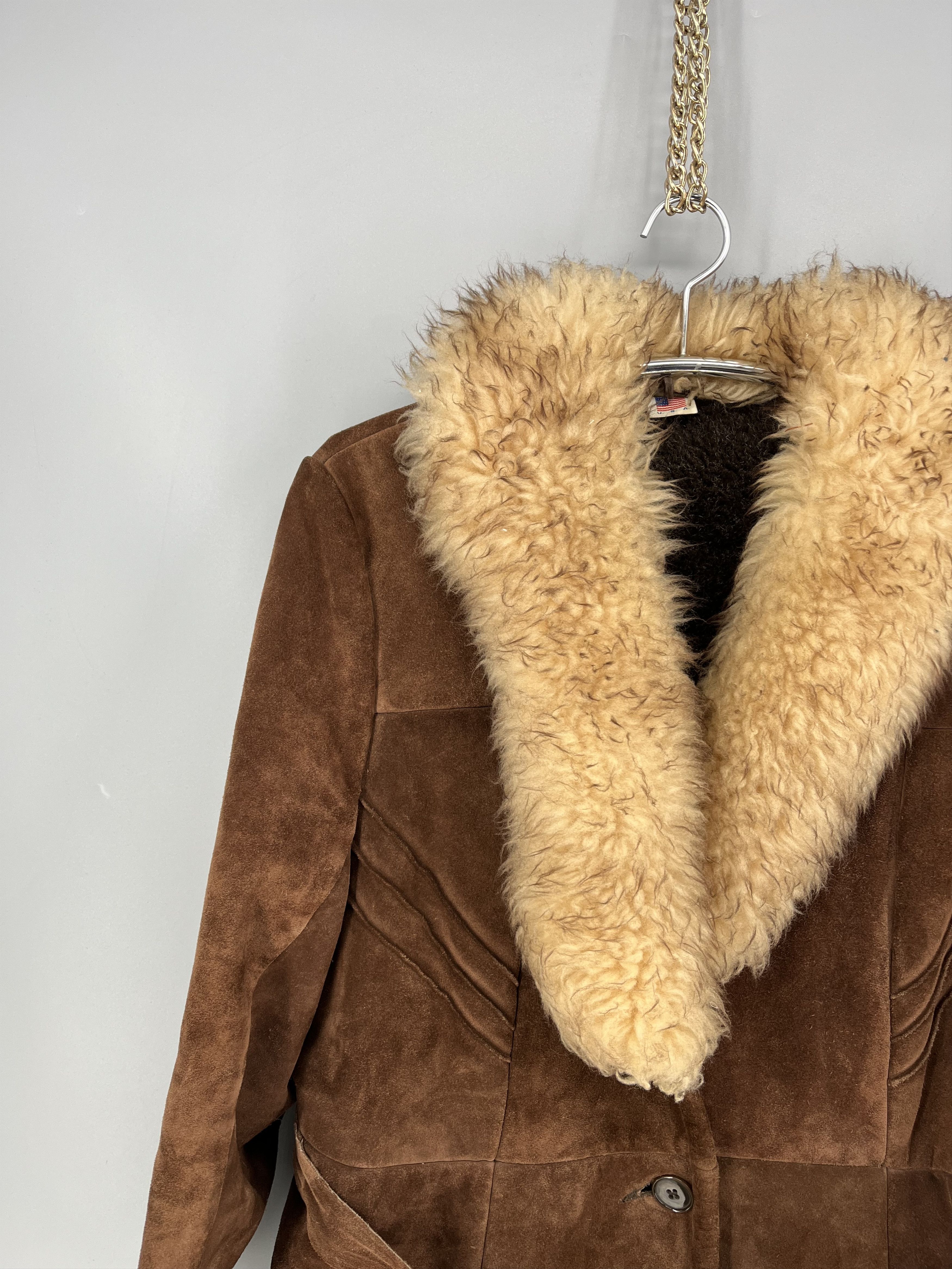 Vintage 70s Suede Shearling Coat USA Made Brown Faux Fur Lined Heavy Size US L / EU 52-54 / 3 - 5 Thumbnail
