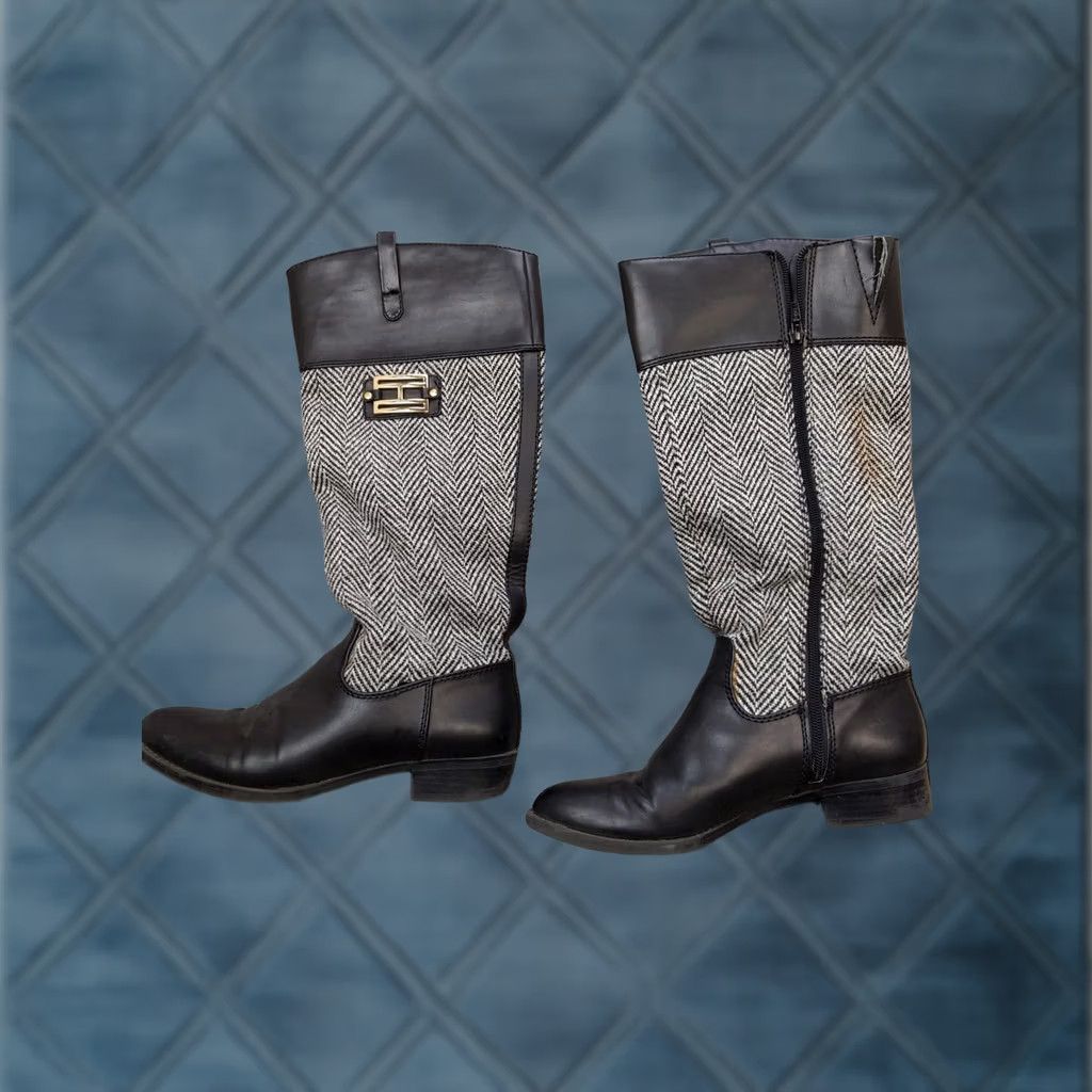 Tommy Hilfiger Tommy Hilfiger Boots Womens Size 7 Black Leather Herringbone Knee High Riding Boot Women Footwear Long Tail Riding Boots Size US 7 / IT 37 - 1 Thumbnail