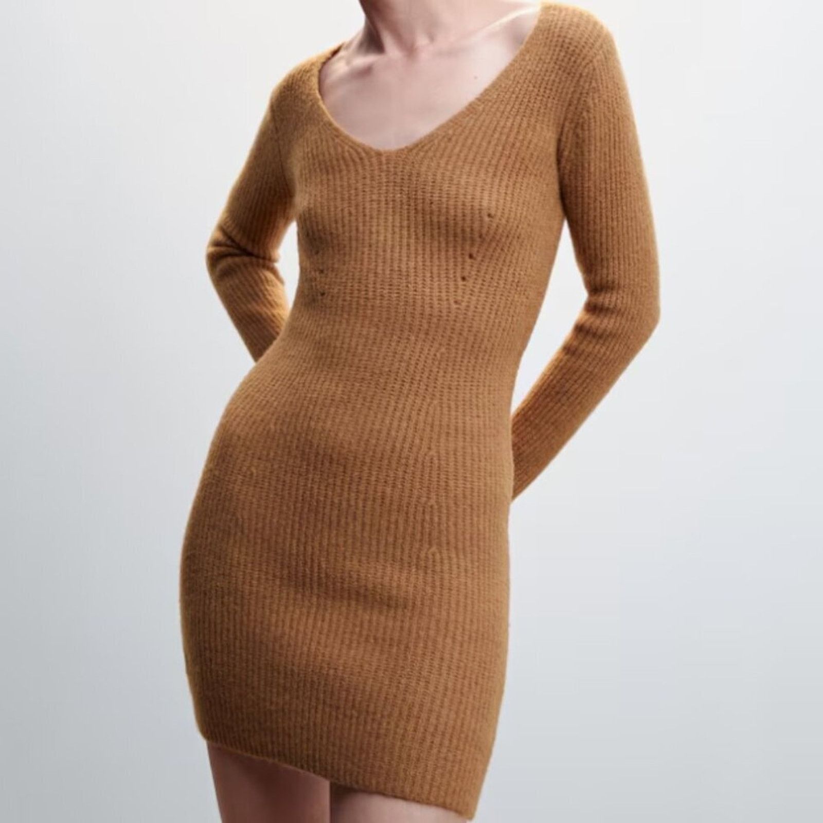 Mango Mango Short Knitted Dress Long Sleeve Brown NWT Size 6 Size M / US 6-8 / IT 42-44 - 2 Thumbnail