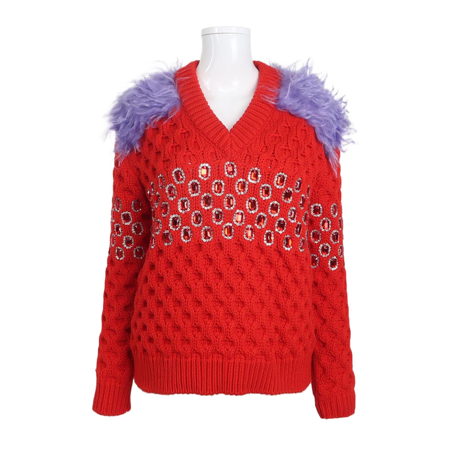 Prada Prada Red V-Neck Wool Sweater with Embellishments - dmc Size M / US 6-8 / IT 42-44 - 1 Thumbnail