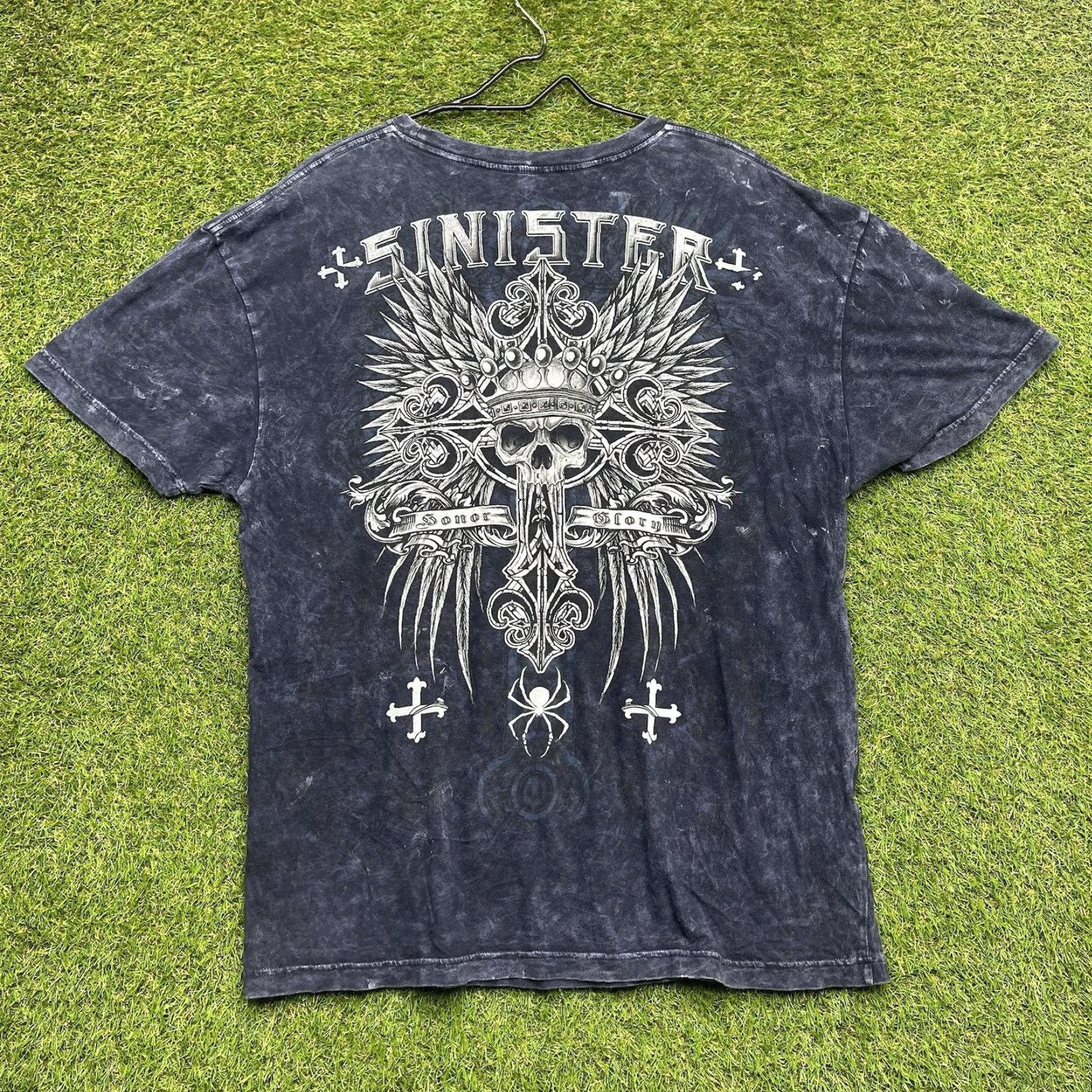 Vintage VINTAGE Sinister Gildan Heavy Cotton T-Shirt Cross Wing 90s Y2K Mens XL Blue Skull Graphic Print Medium Fans Size US XL / EU 56 / 4 - 2 Thumbnail