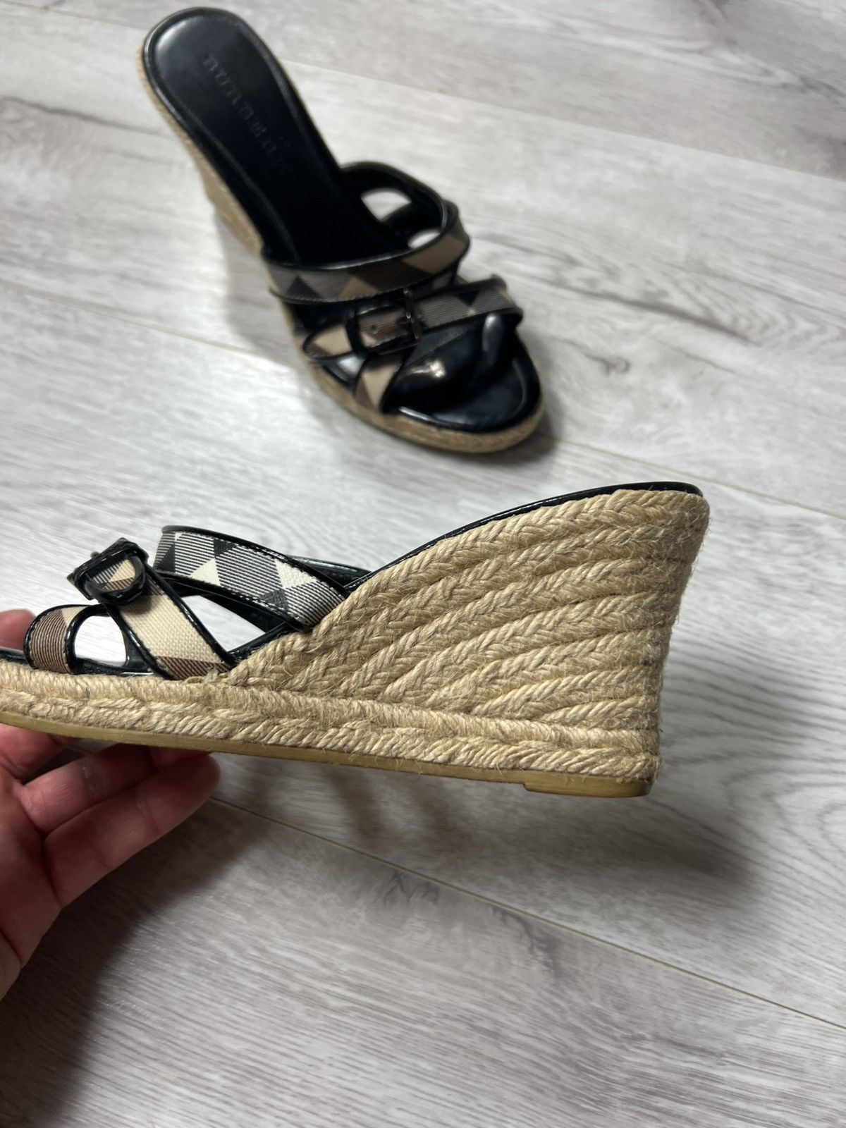 Burberry Women’s Nova Check Leather Wedge Espadrille Sandals