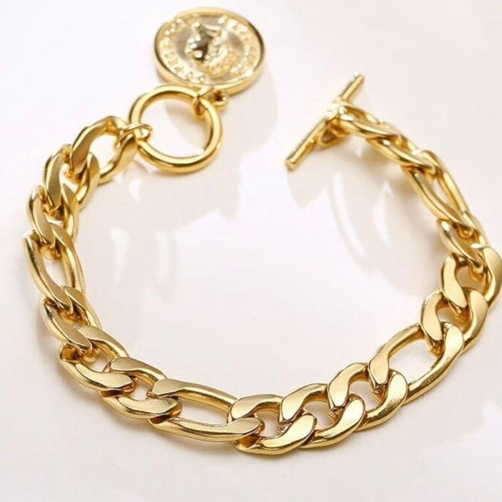 Other Cuban Link Chain Coin Bracelet Womens Gold Vintage Inspired Size ONE SIZE - 3 Thumbnail