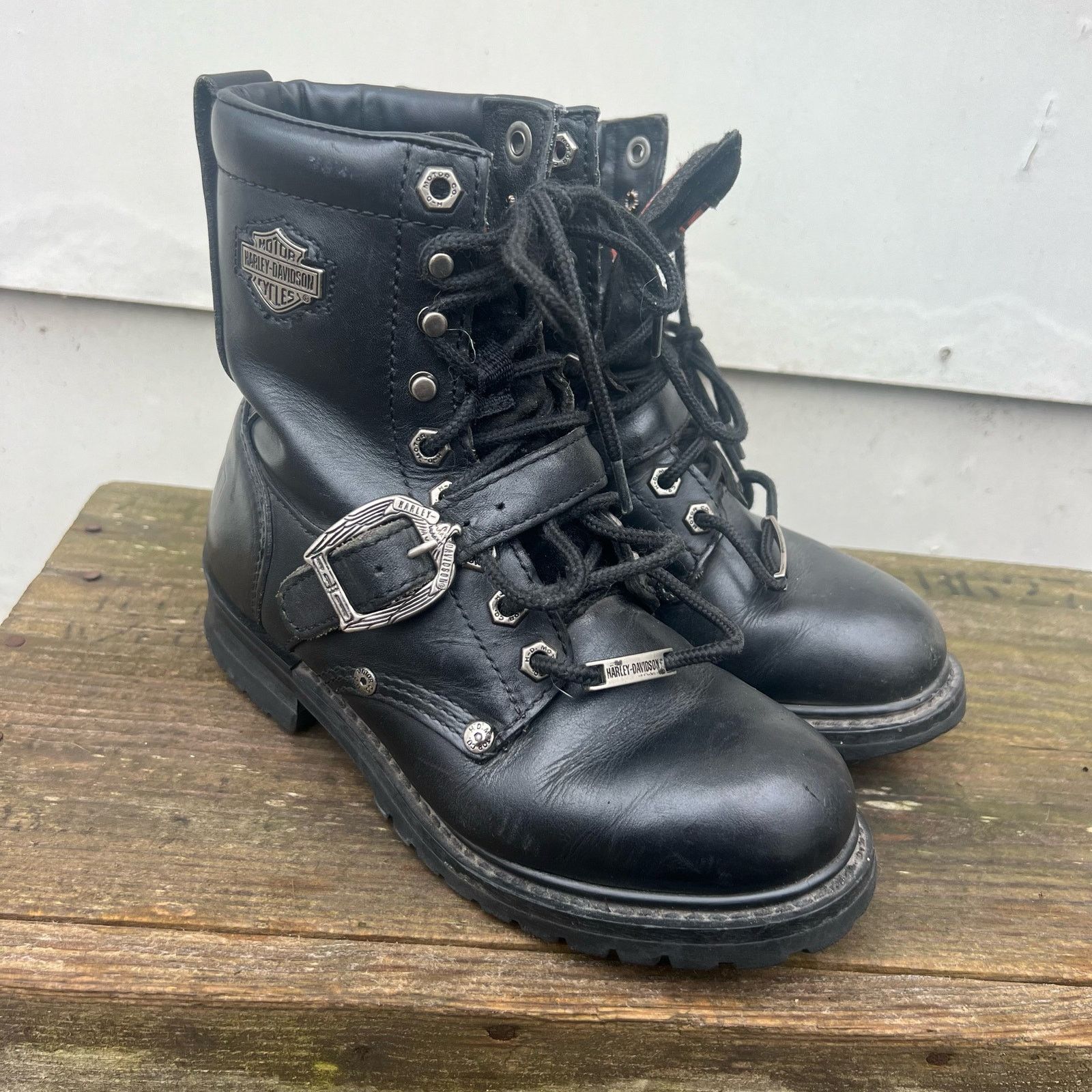 Harley Davidson Black Moto Biker Lace Up Buckle Boots 81003