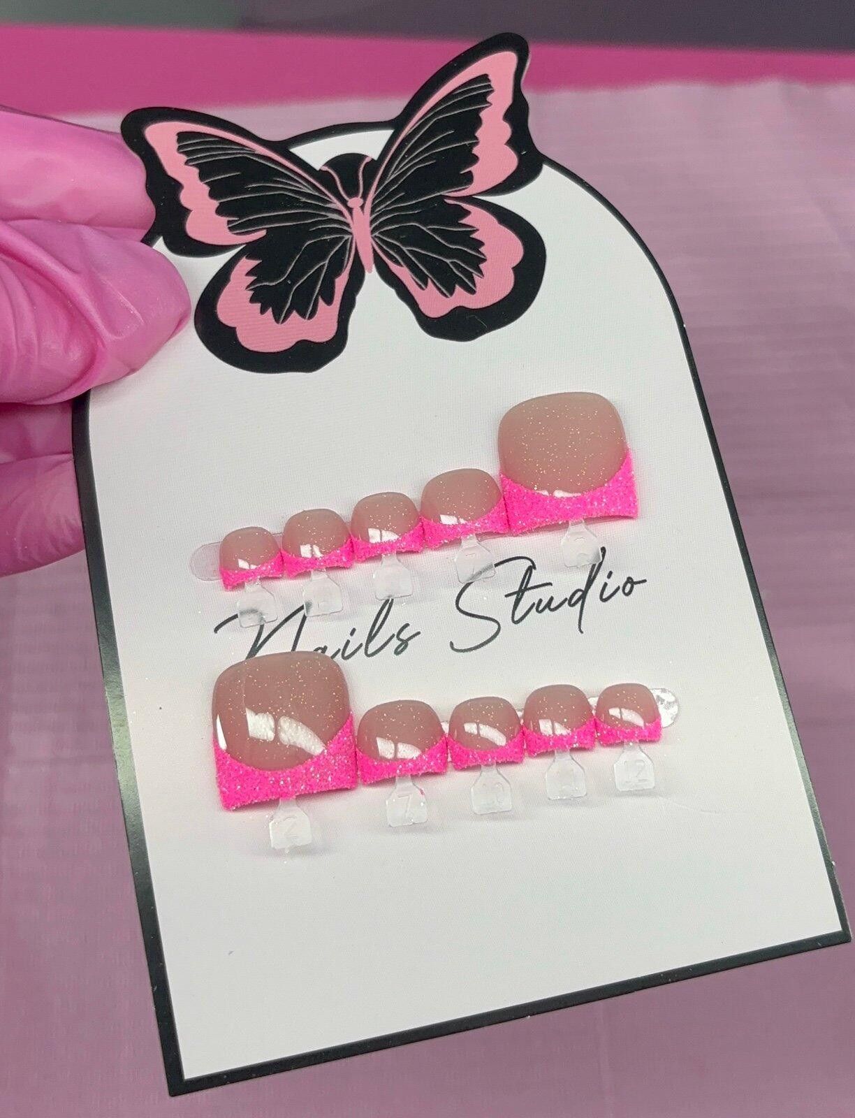 Handmade Press on toenails pink glitter French tips handmade custom Size ONE SIZE - 2 Thumbnail