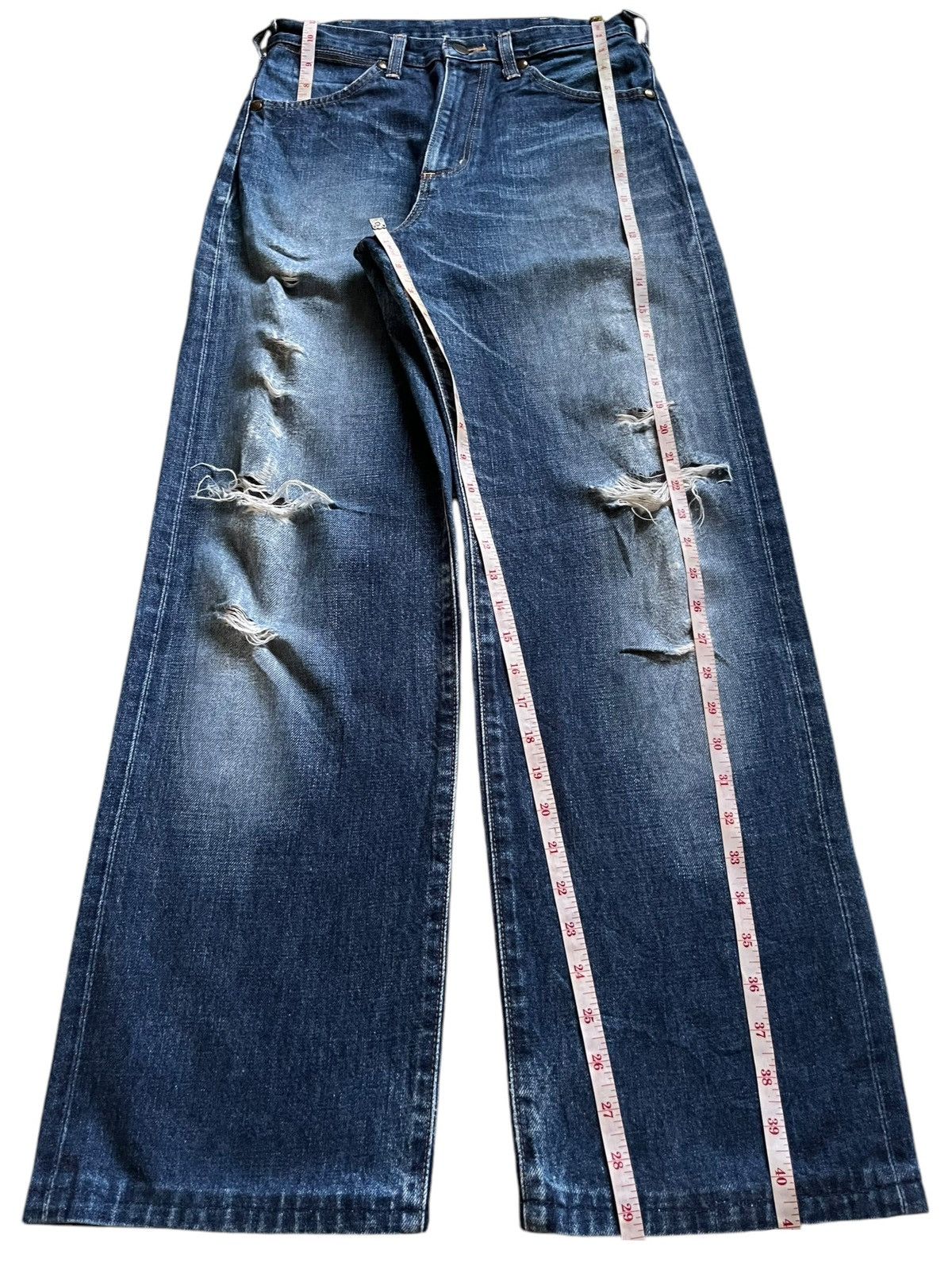 Vintage × Wrangler Wrangler Blue Bell Selvedge Blue Wash Distressed Baggy Jeans Size US 28 / EU 44 - 14 Thumbnail