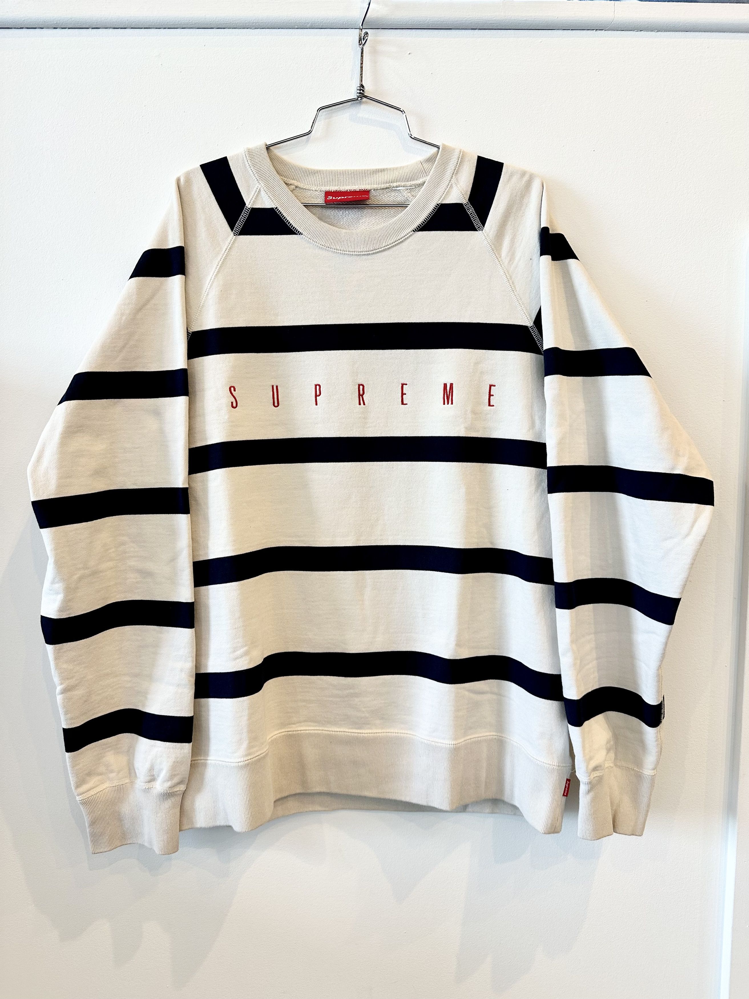 image of Vintage Supreme Stripe Crewneck XL in White/Navy, Men's