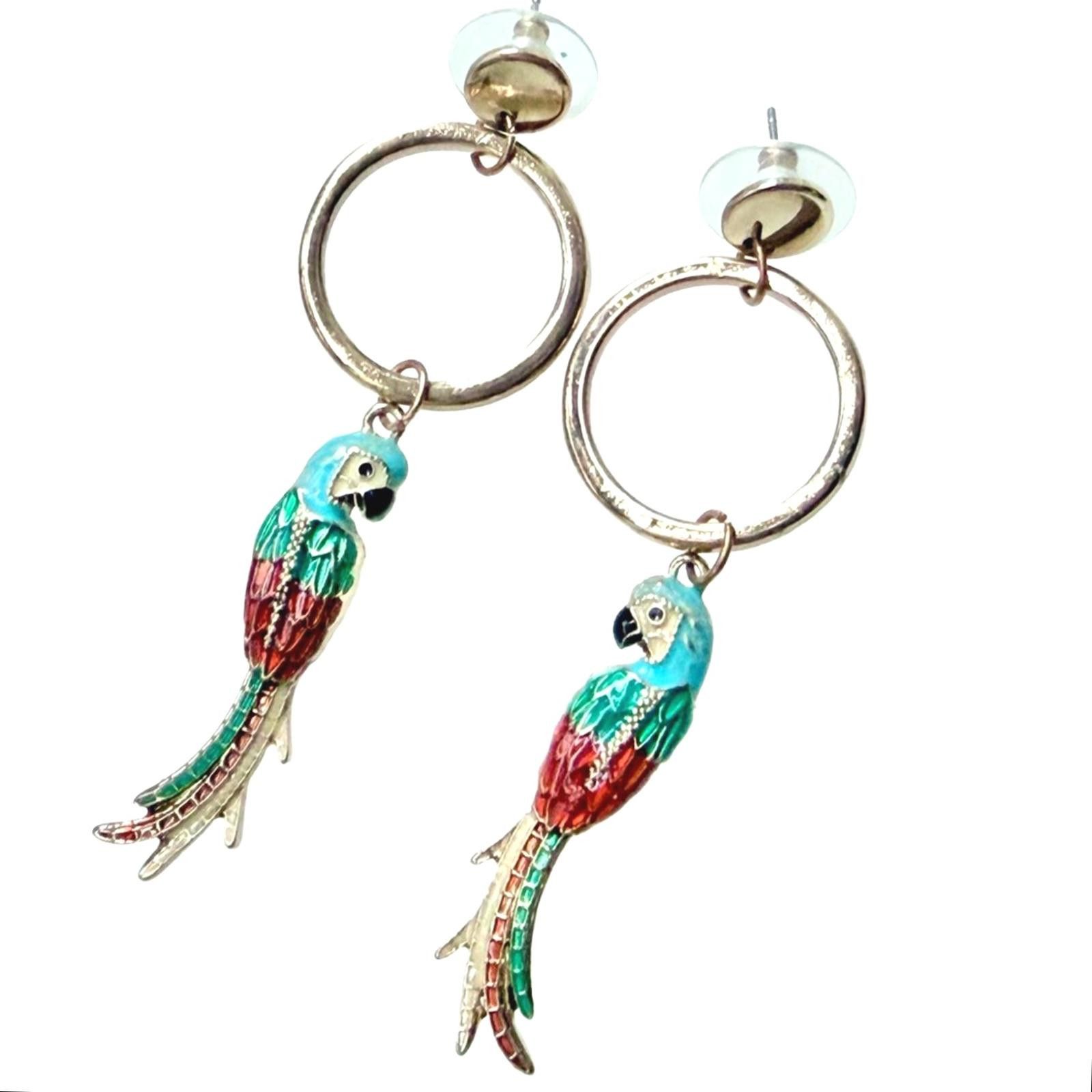 Other VTG Colorful Enamel Parrot Drop Earrings Gold Tone Hoops Size ONE SIZE - 1 Thumbnail