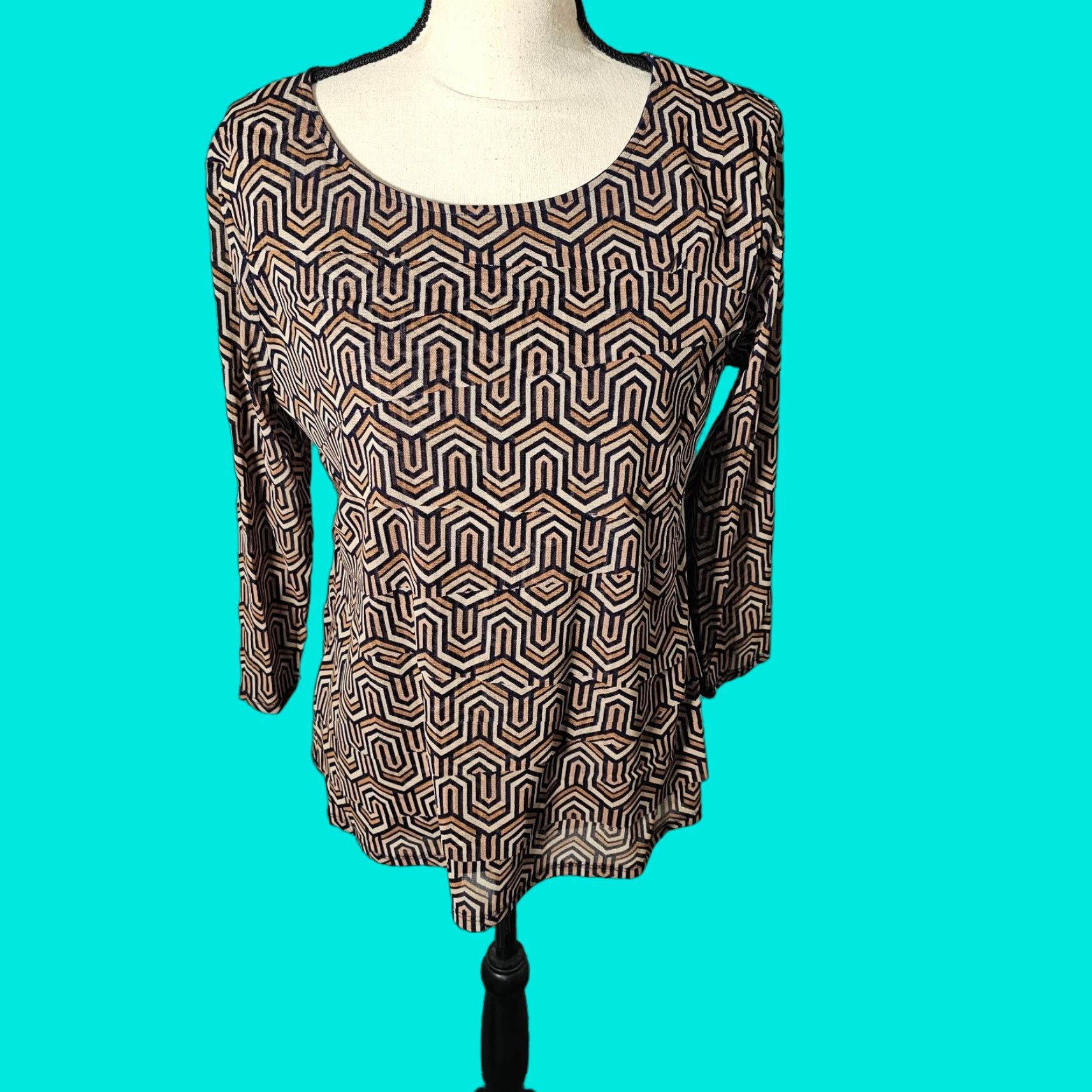 Alfani Alfani Blouse Adult Medium Brown Geometric Nylon Pullover Ruffle Casual Womens Size M / US 6-8 / IT 42-44 - 1 Thumbnail
