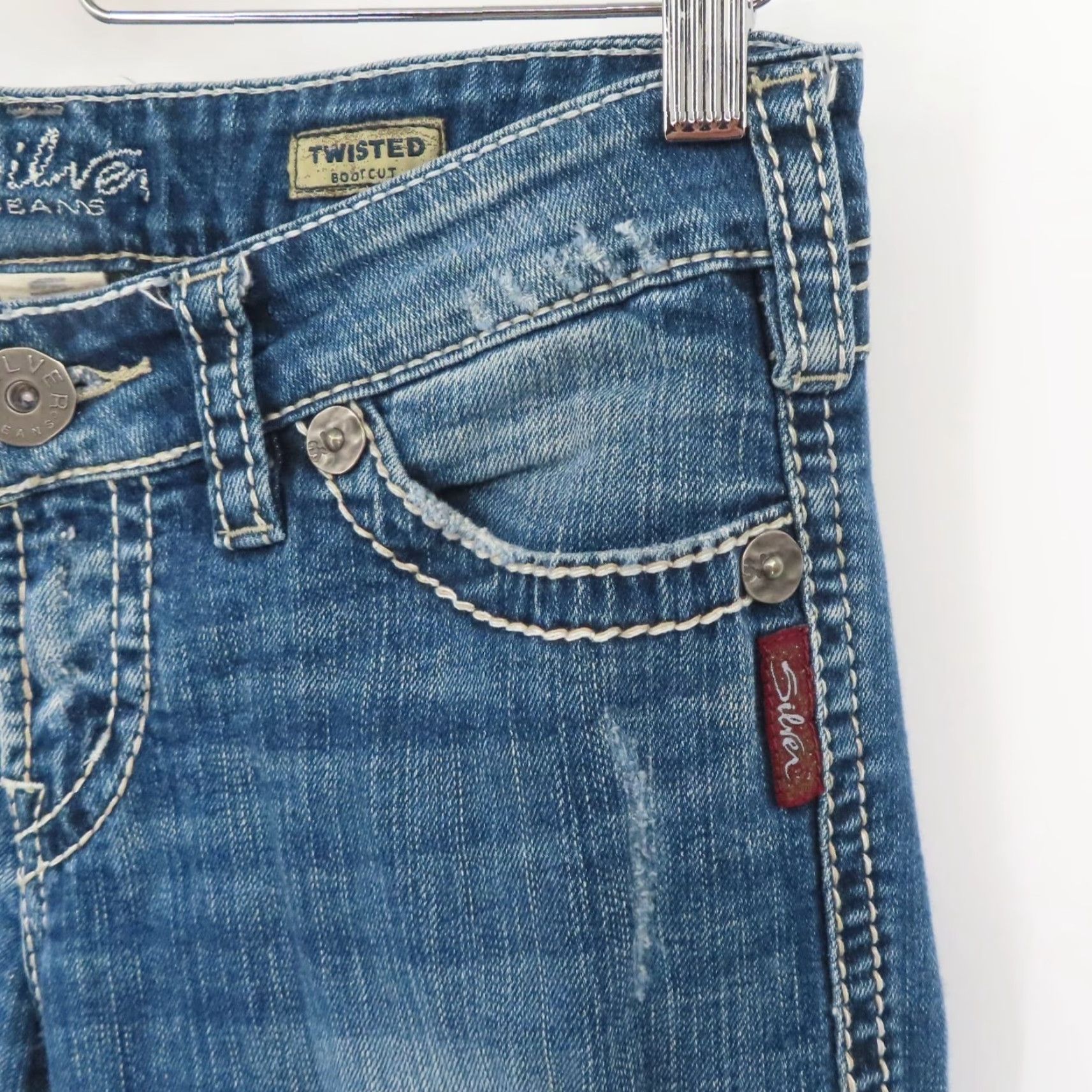 Silver Jeans Co. Silver Jeans Women 5 Twisted Bootcut Distressed Denim Solid Blue White Seams Jeans Women Size 5 Bootcut 5-Pocket Denim Cotton Blend Vintage No Size 27" / US 4 / IT 40 - 6 Thumbnail