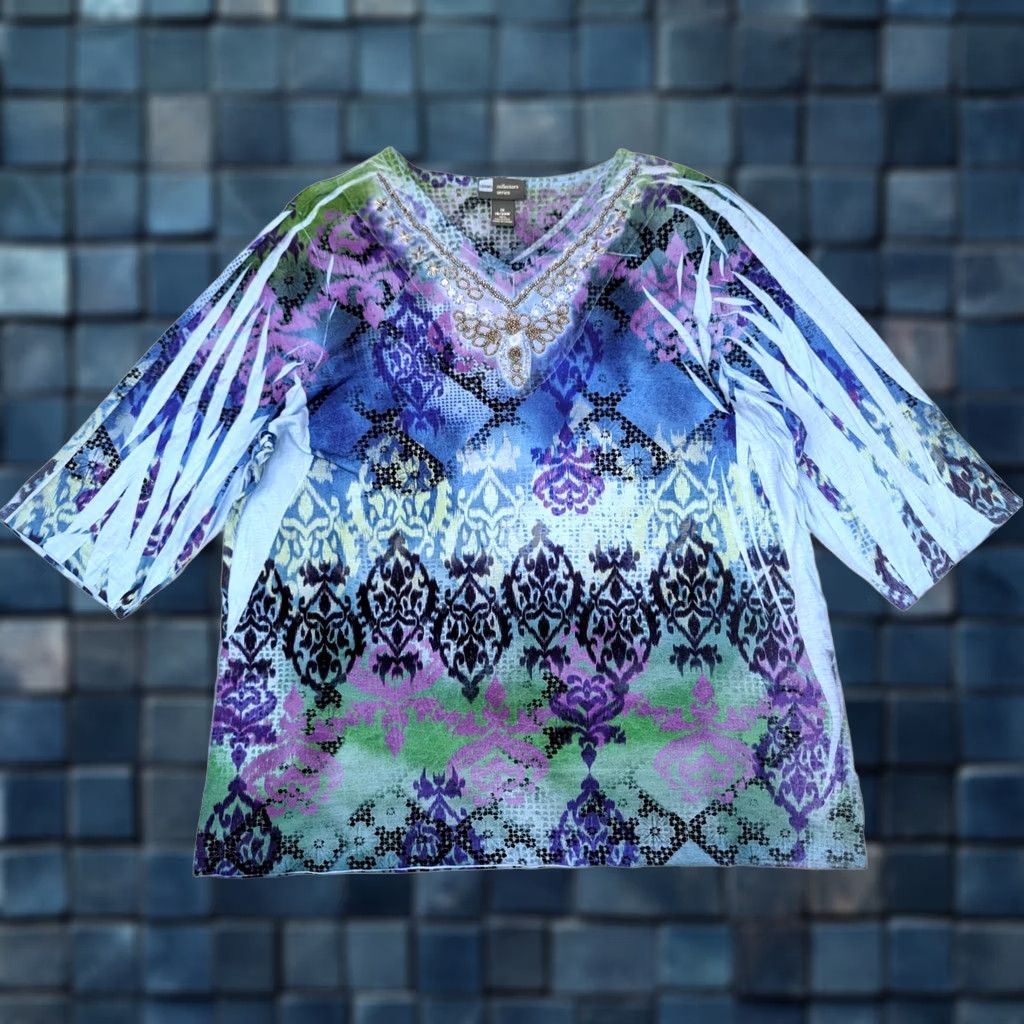 Vintage Liz & Me Blouse Shirt Womens 1X Plus Size Blue Beads Stones Knit V-Neck Short Sleeve Abstract Pattern Lightweight Casual Workwear Summer Fall Spring Size XL / US 12-14 / IT 48-50 - 1 Thumbnail