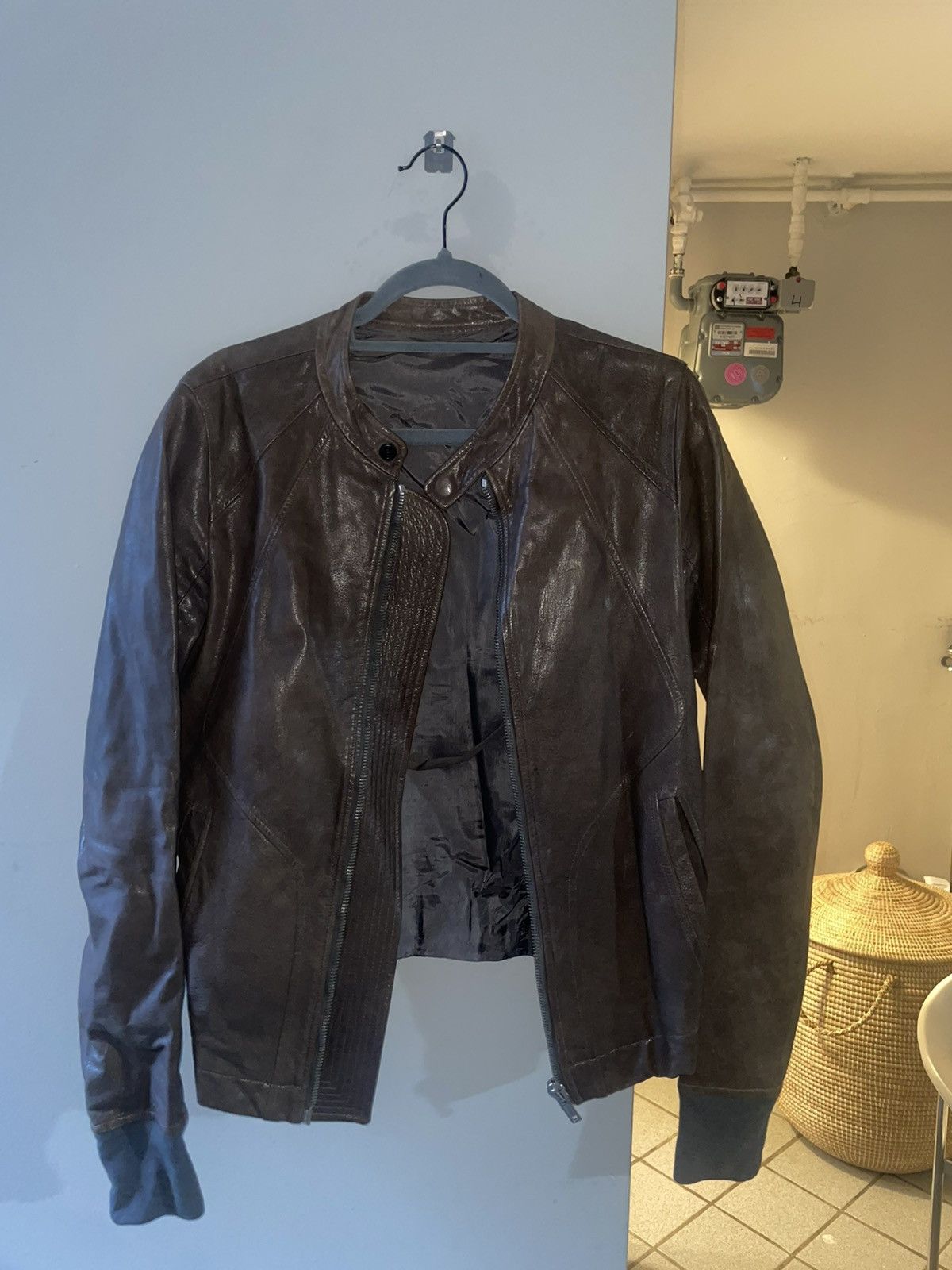 image of Rick Owens “Dust” Cafe Racer Leather Jacket in Green, Men's (Size Small)