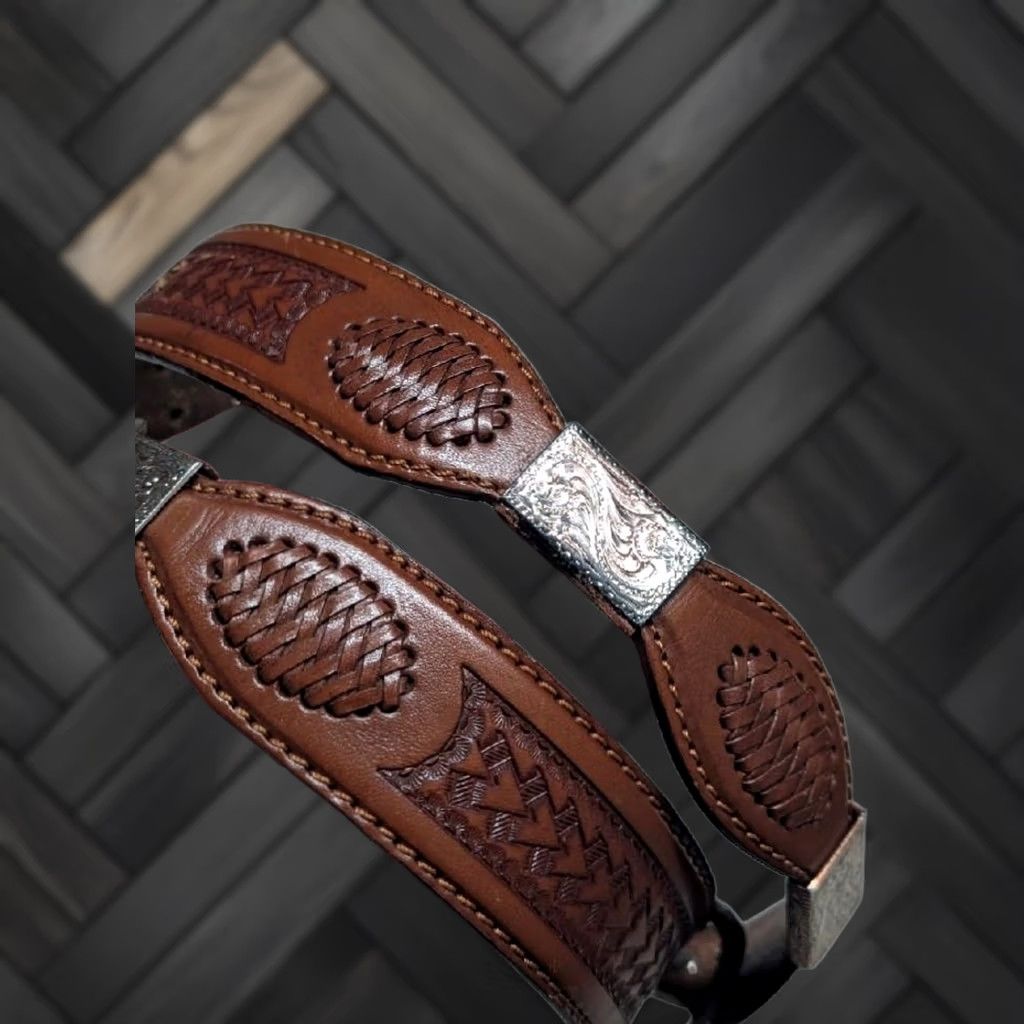 Vintage VINTAGE Justin western belt Concho tooled leather brown 32 buckle scalloped belt rodeo Southwestern Mens Size 32 - 1 Thumbnail