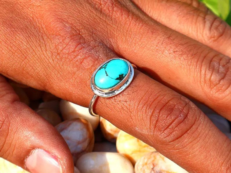 Handmade Turquoise Ring, Handmade Sterling Silver Green Gemstone Ring Size ONE SIZE - 8 Thumbnail