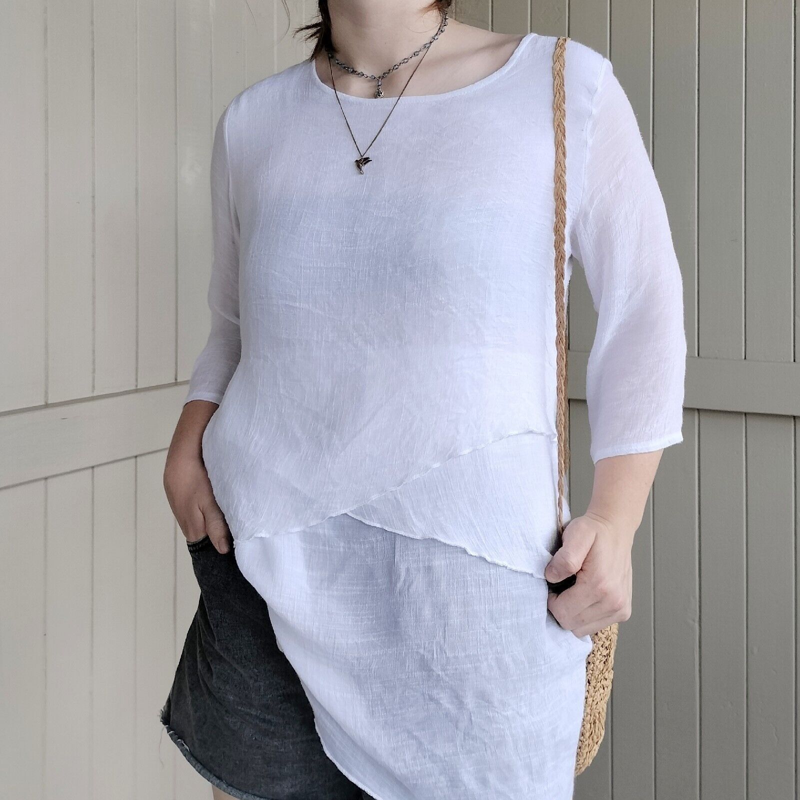 Designer Lilia Tunic Top White Linen Cotton Ethereal Size L / US 10 / IT 46 - 5 Thumbnail